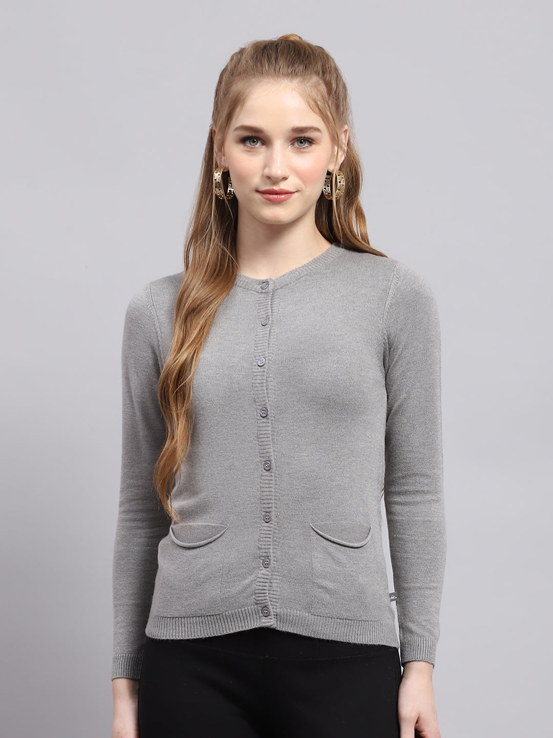 Women Grey Solid Round Neck Full Sleeve Cardigan