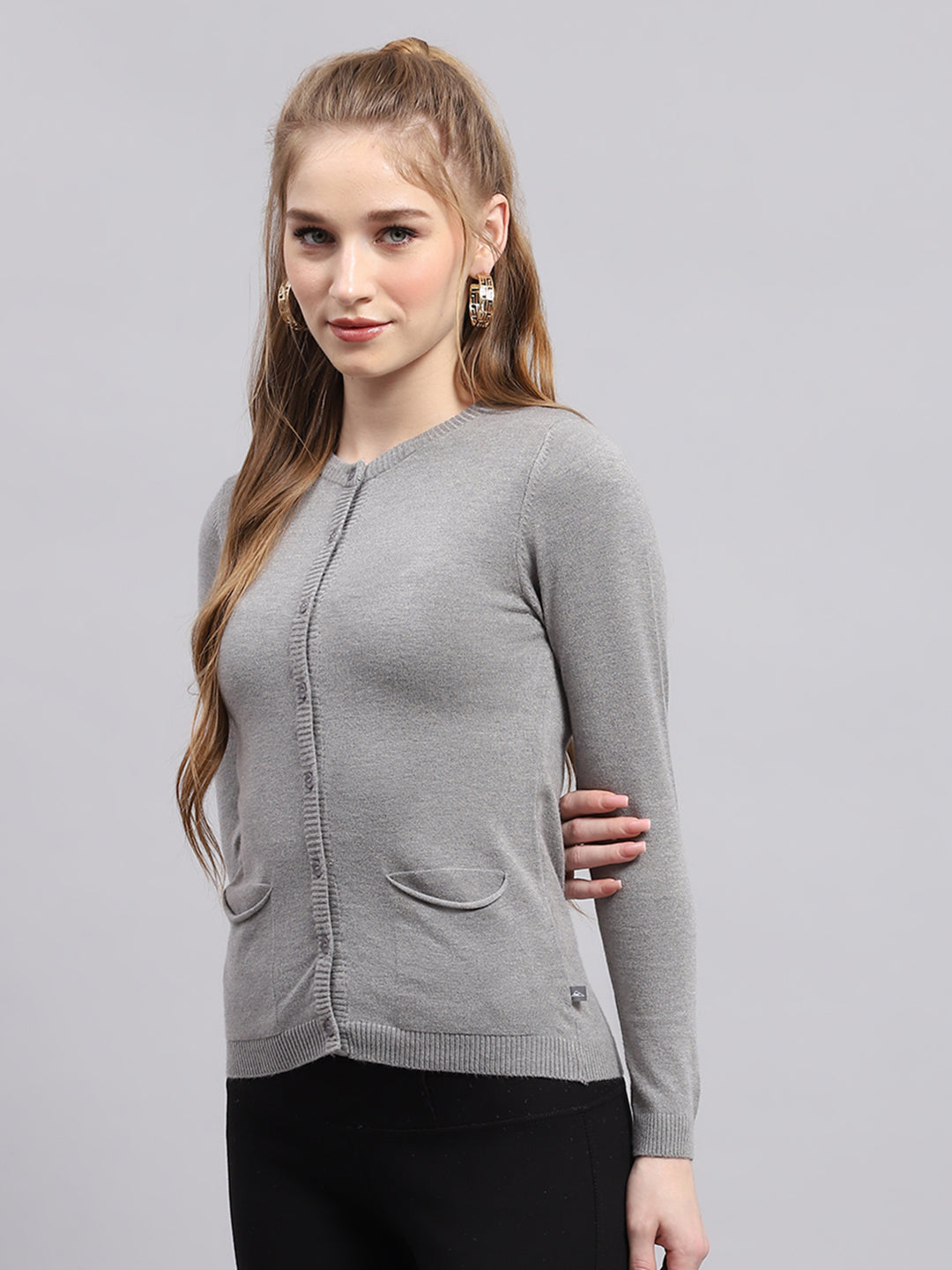 Women Grey Solid Round Neck Full Sleeve Cardigan