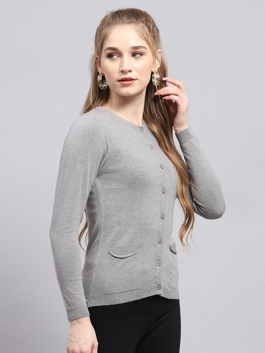 Women Grey Solid Round Neck Full Sleeve Cardigan