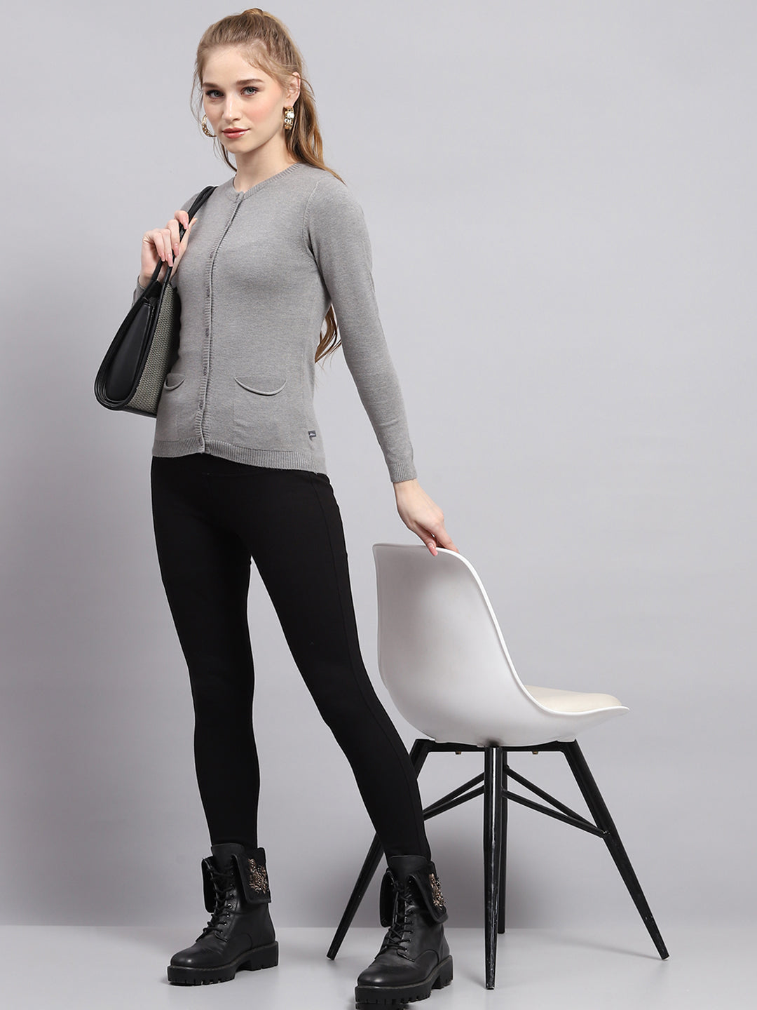 Women Grey Solid Round Neck Full Sleeve Cardigan