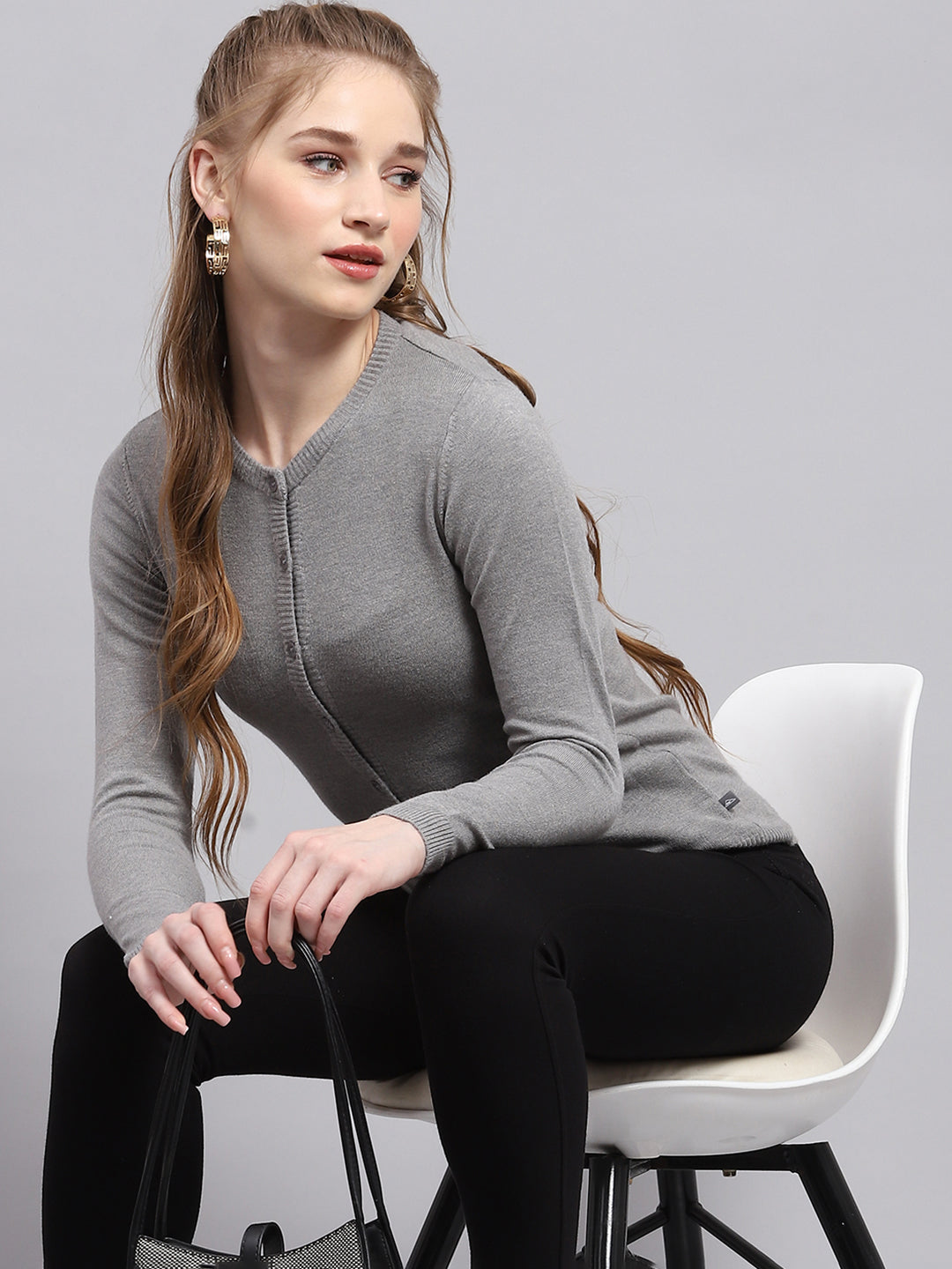 Women Grey Solid Round Neck Full Sleeve Cardigan