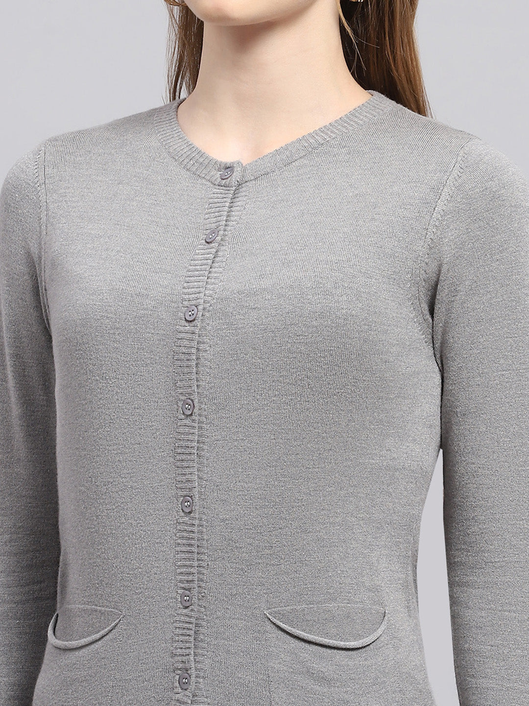 Women Grey Solid Round Neck Full Sleeve Cardigan