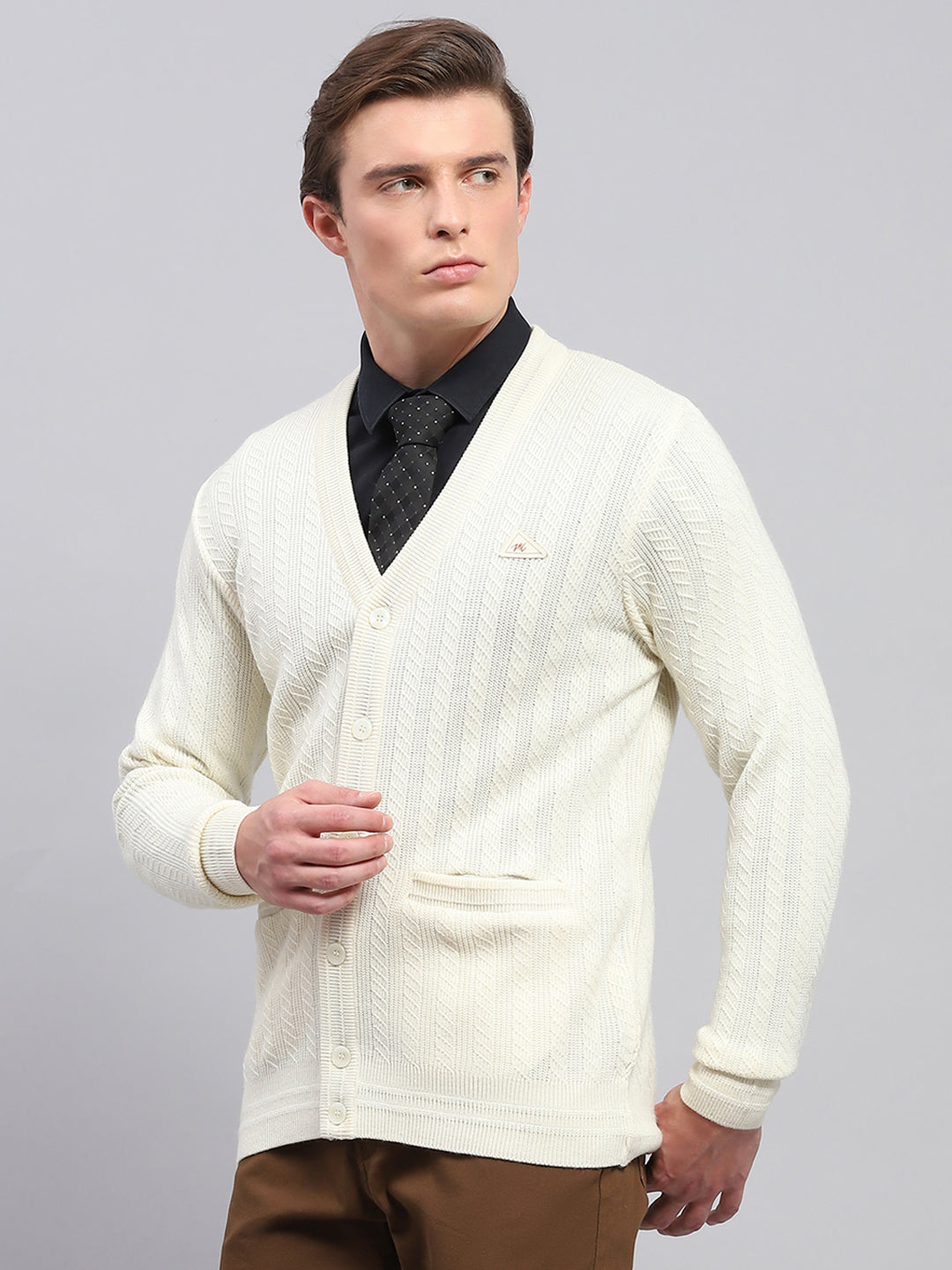 Men White Self Design V Neck Full Sleeve Cardigan