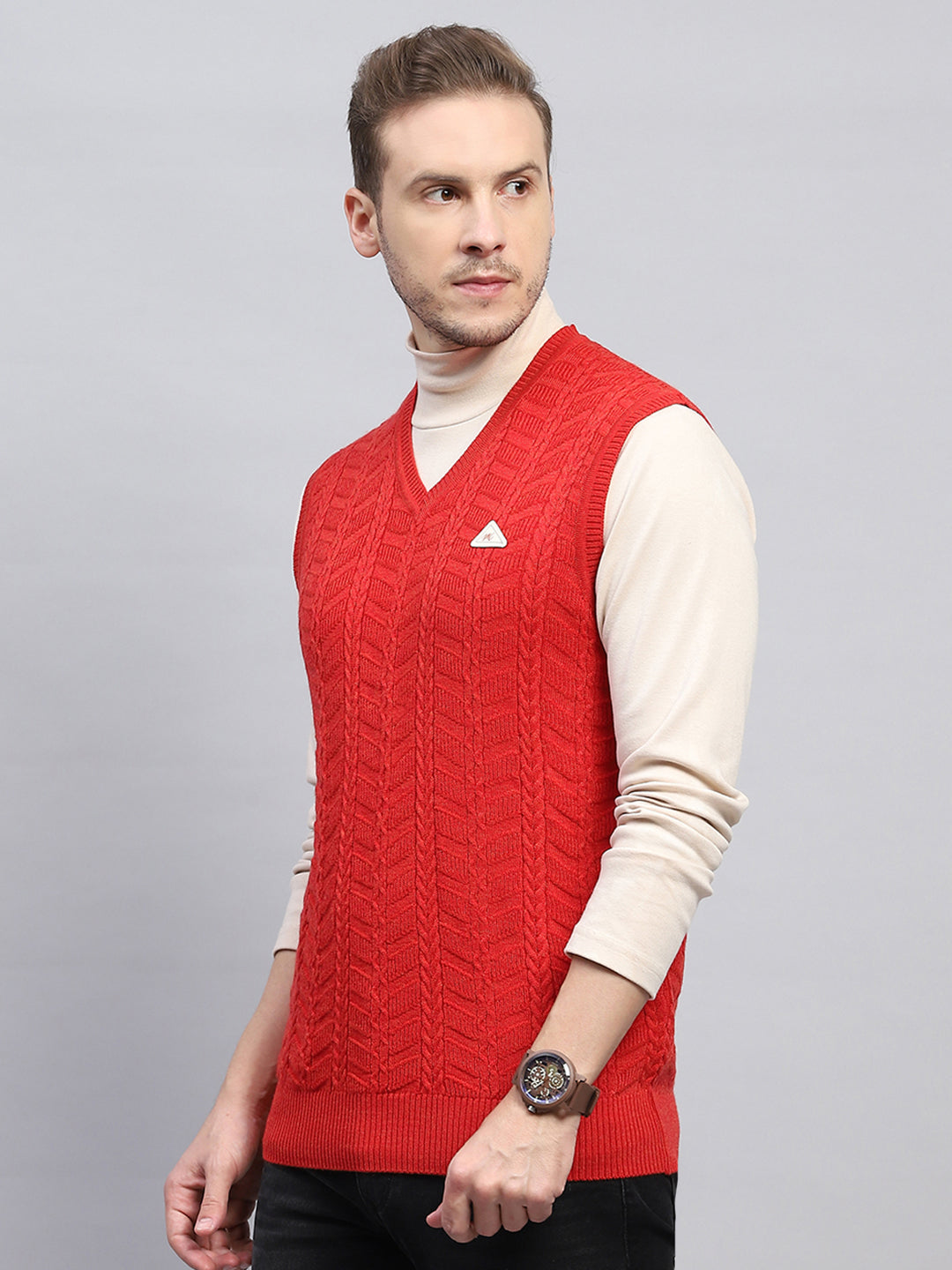 Men Red Self Design V Neck Sleeveless Sweater