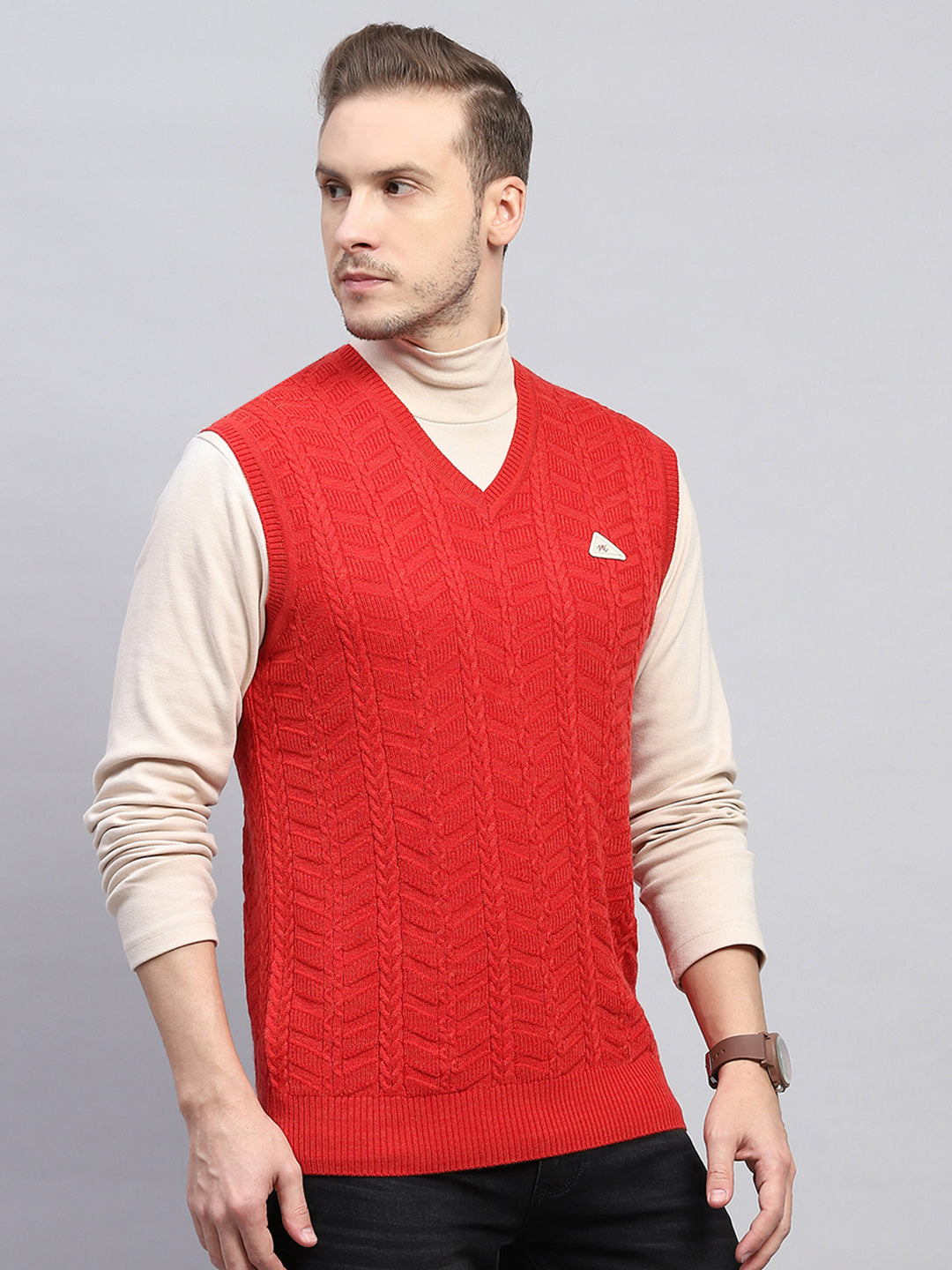 Men Red Self Design V Neck Sleeveless Sweater