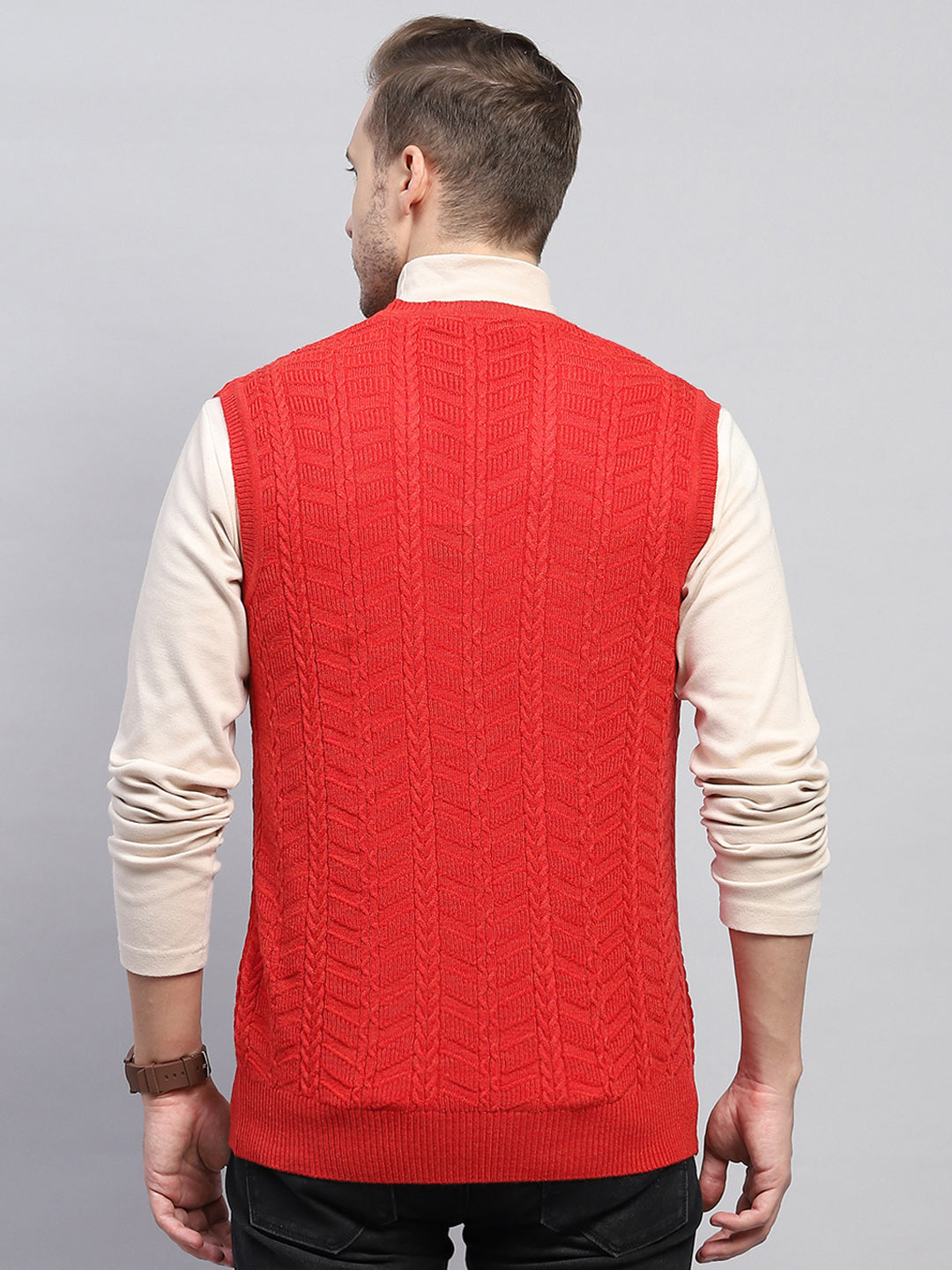 Men Red Self Design V Neck Sleeveless Sweater