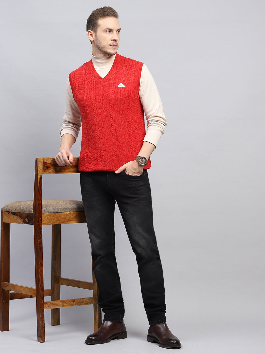 Men Red Self Design V Neck Sleeveless Sweater