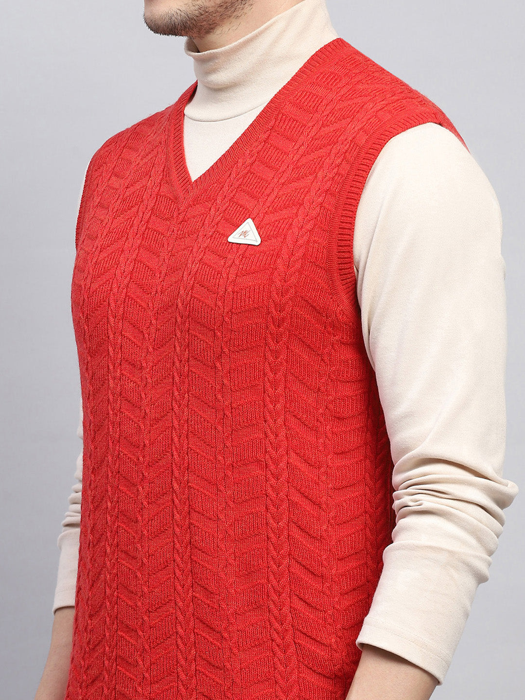 Men Red Self Design V Neck Sleeveless Sweater