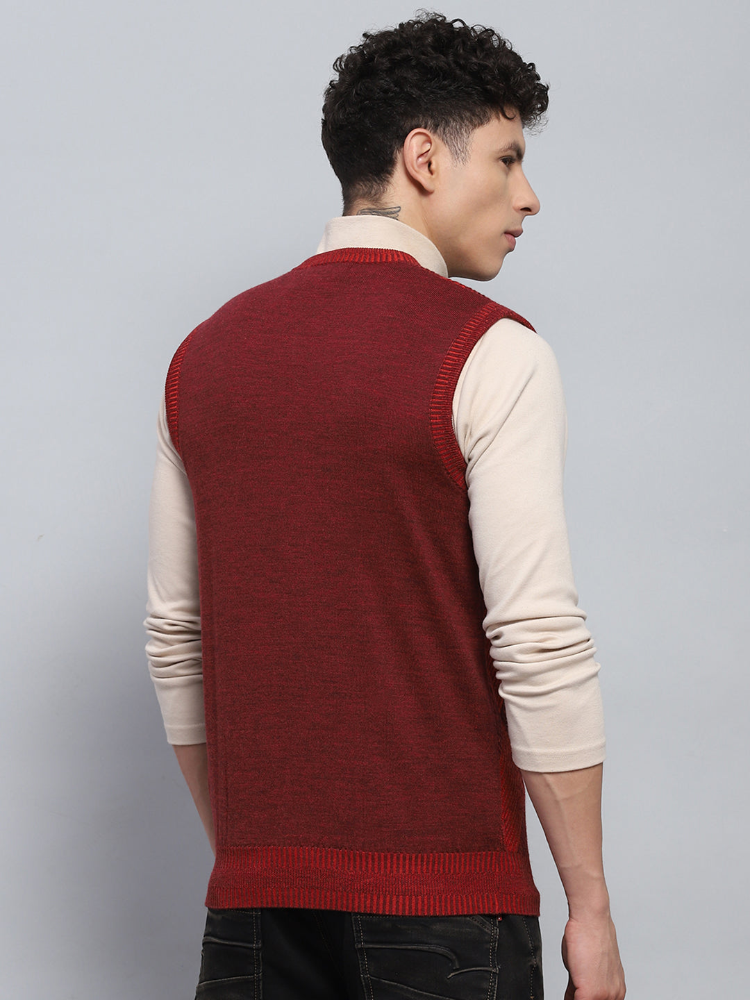 Men Maroon Self Design V Neck Sleeveless Sweater