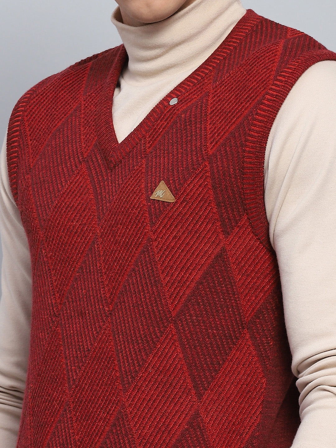 Men Maroon Self Design V Neck Sleeveless Sweater