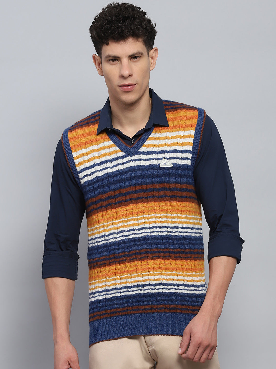 Men Blue & Orange Stripe V Neck Sleeveless Sweater