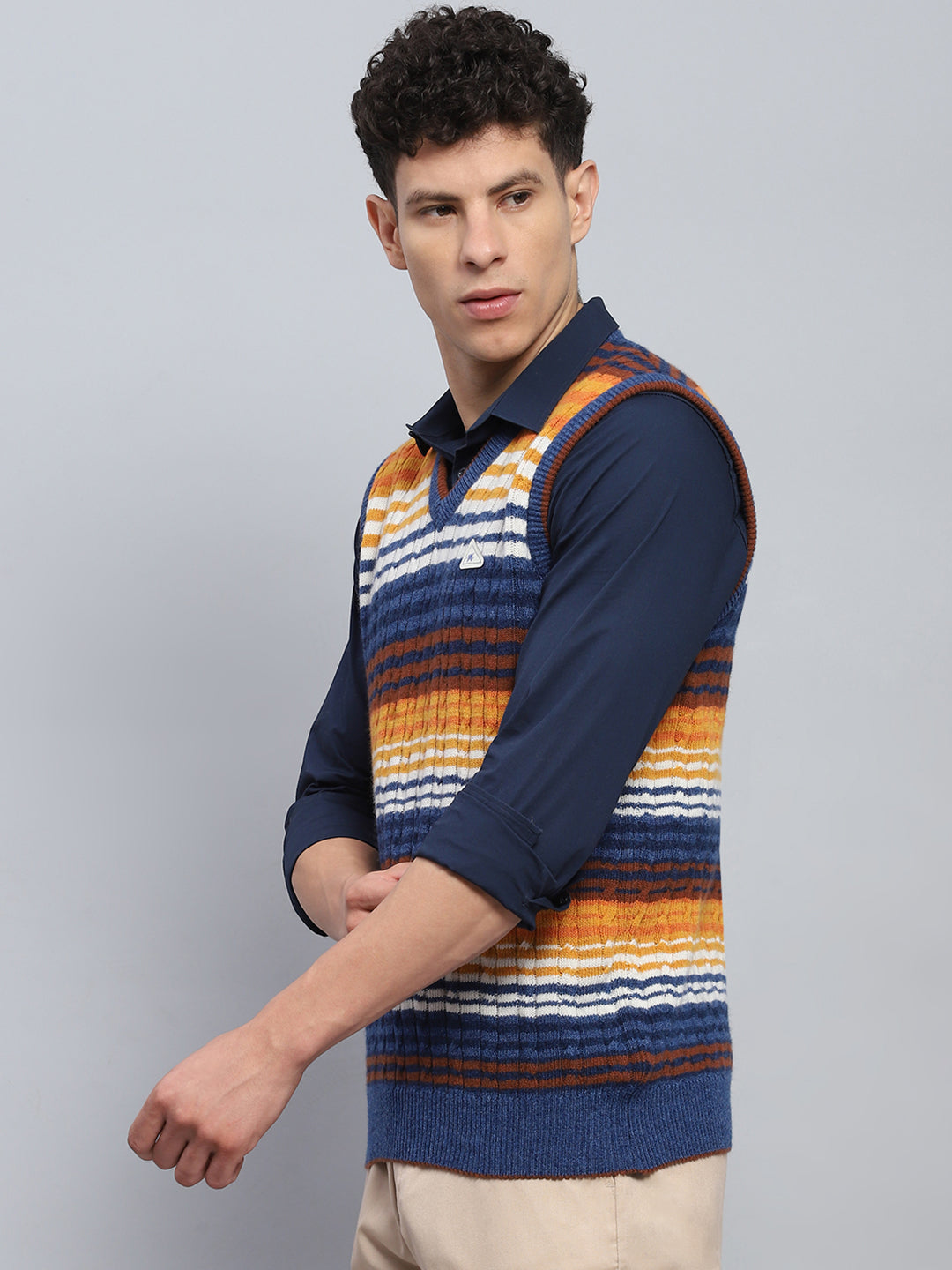 Men Blue & Orange Stripe V Neck Sleeveless Sweater