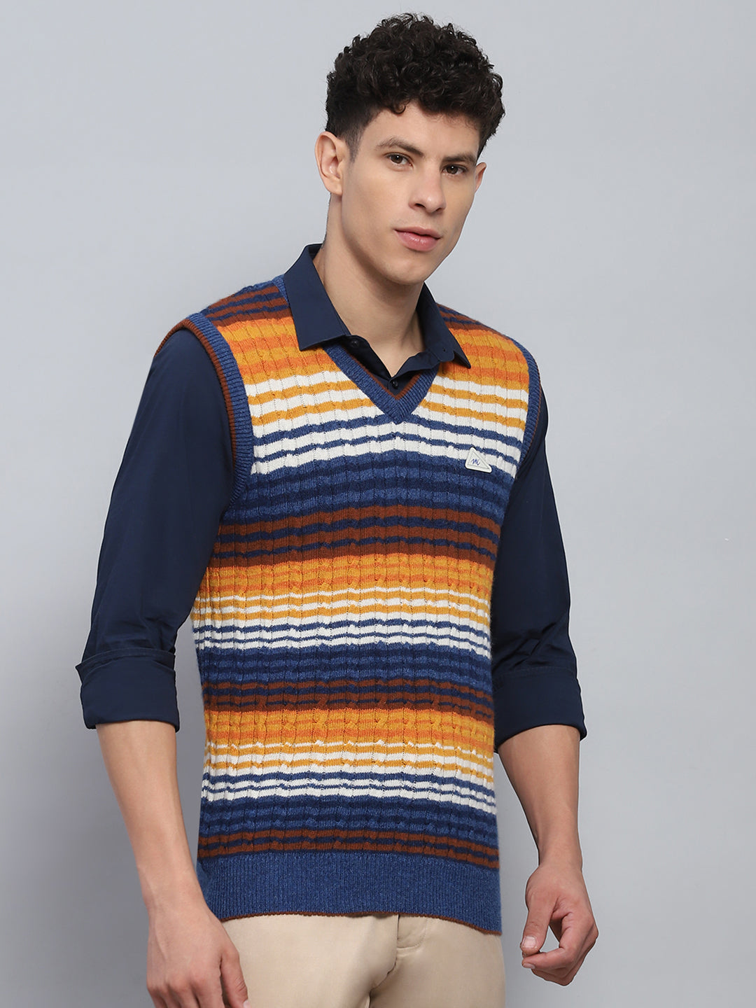 Men Blue & Orange Stripe V Neck Sleeveless Sweater