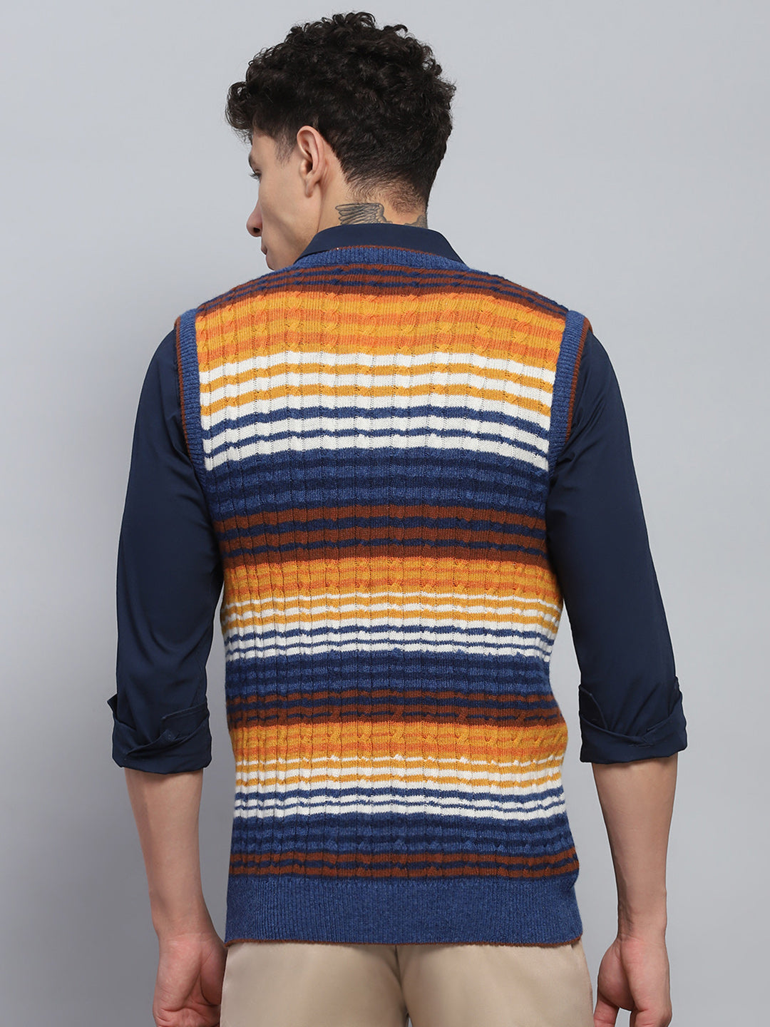 Men Blue & Orange Stripe V Neck Sleeveless Sweater