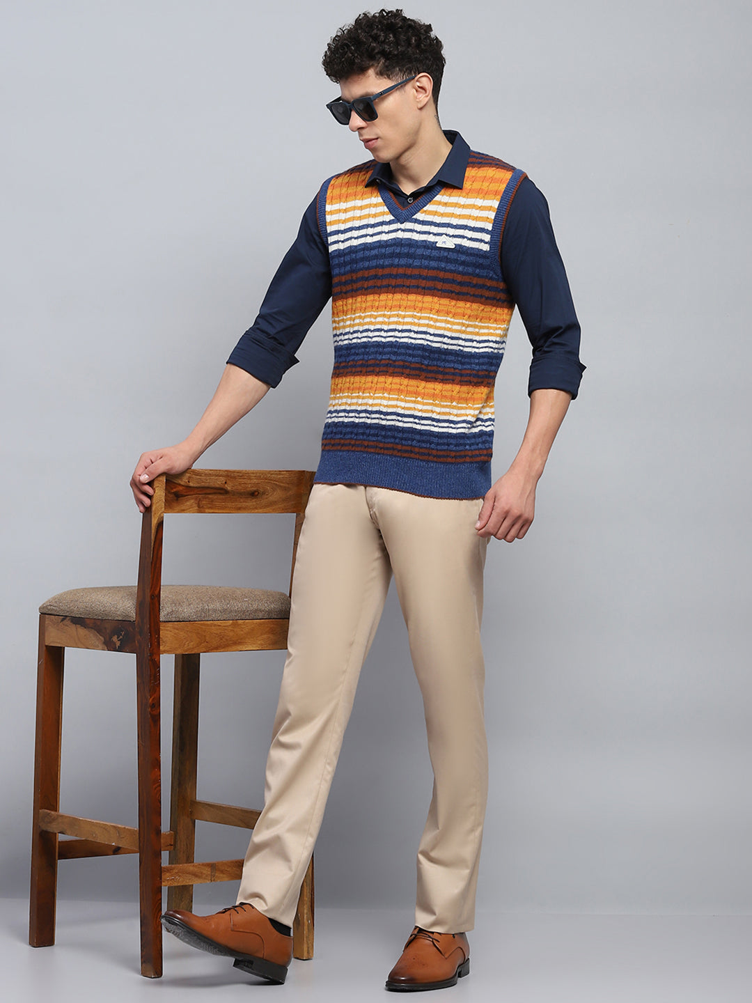 Men Blue & Orange Stripe V Neck Sleeveless Sweater