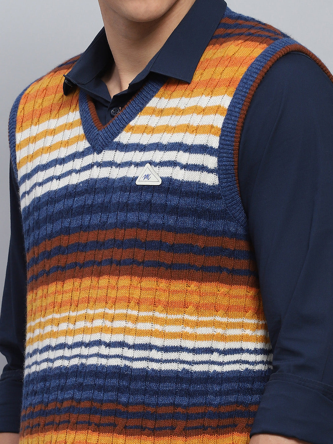 Men Blue & Orange Stripe V Neck Sleeveless Sweater