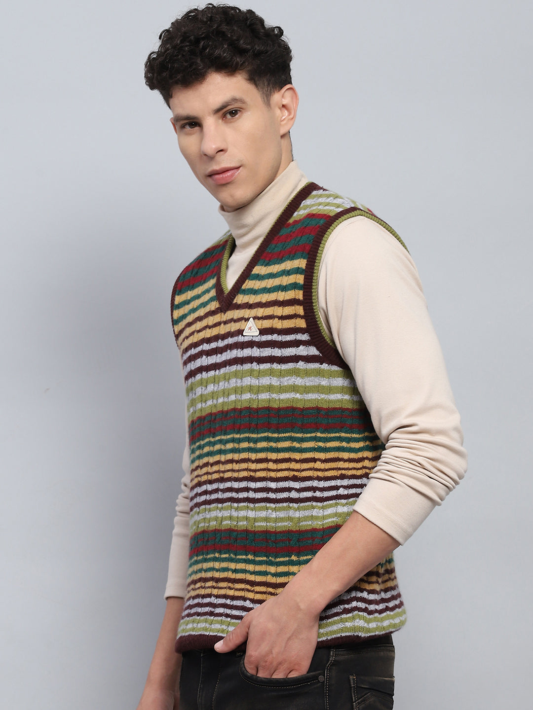 Men Multicolor Stripe V Neck Sleeveless Sweater