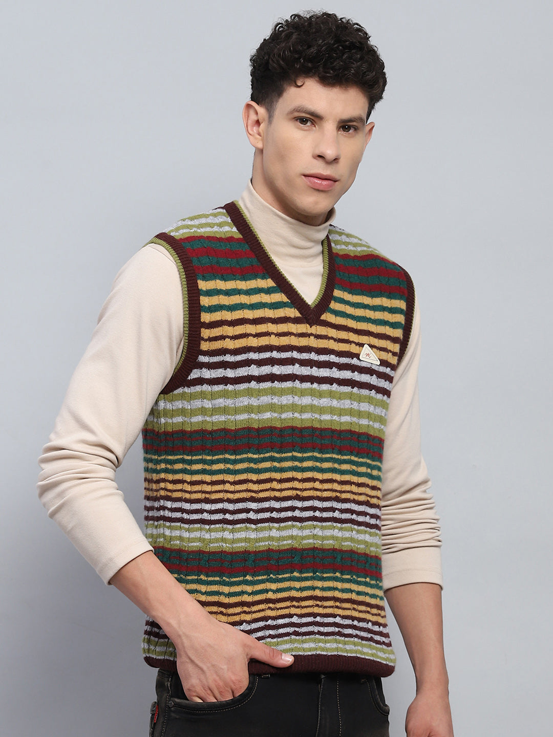 Men Multicolor Stripe V Neck Sleeveless Sweater