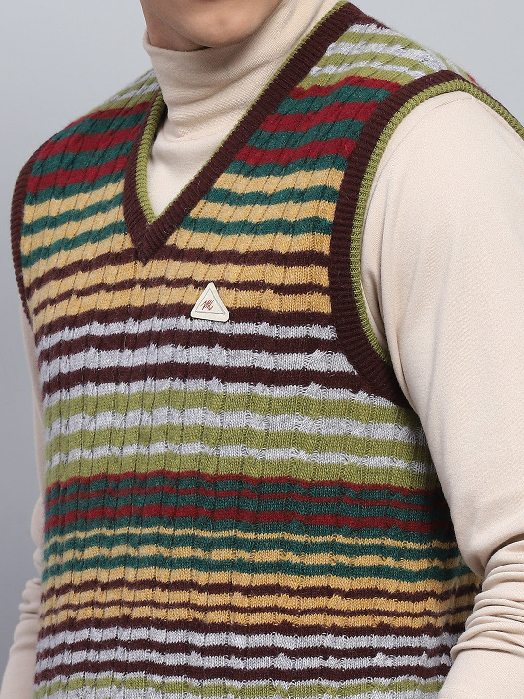 Men Multicolor Stripe V Neck Sleeveless Sweater