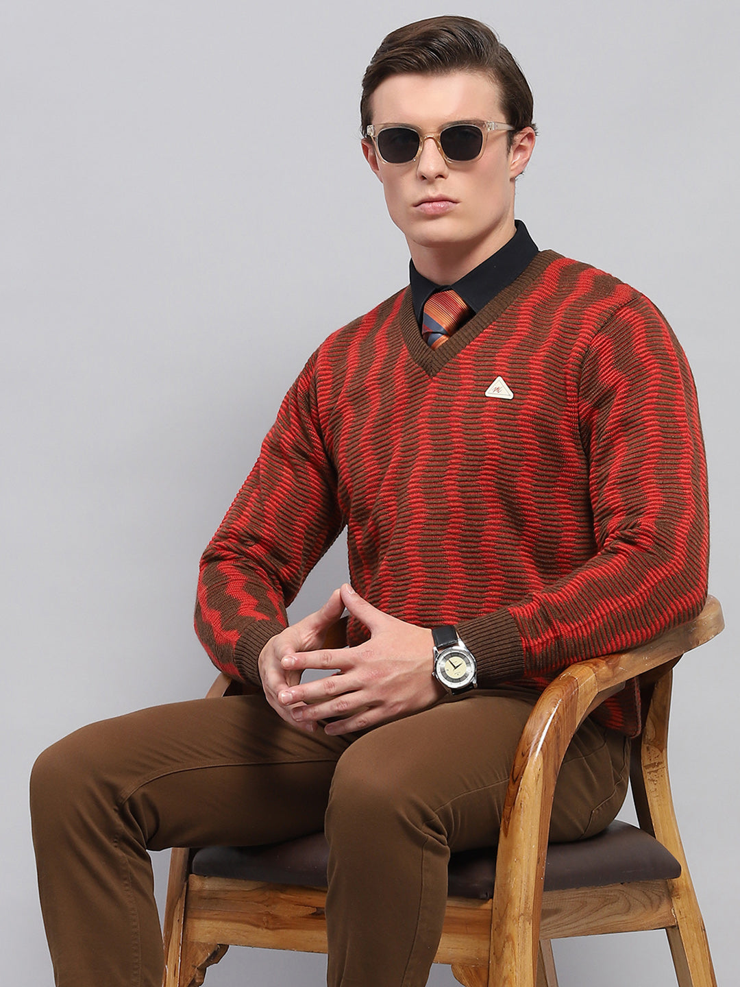 Men Brown Self Design V Neck Full Sleeve Pullover