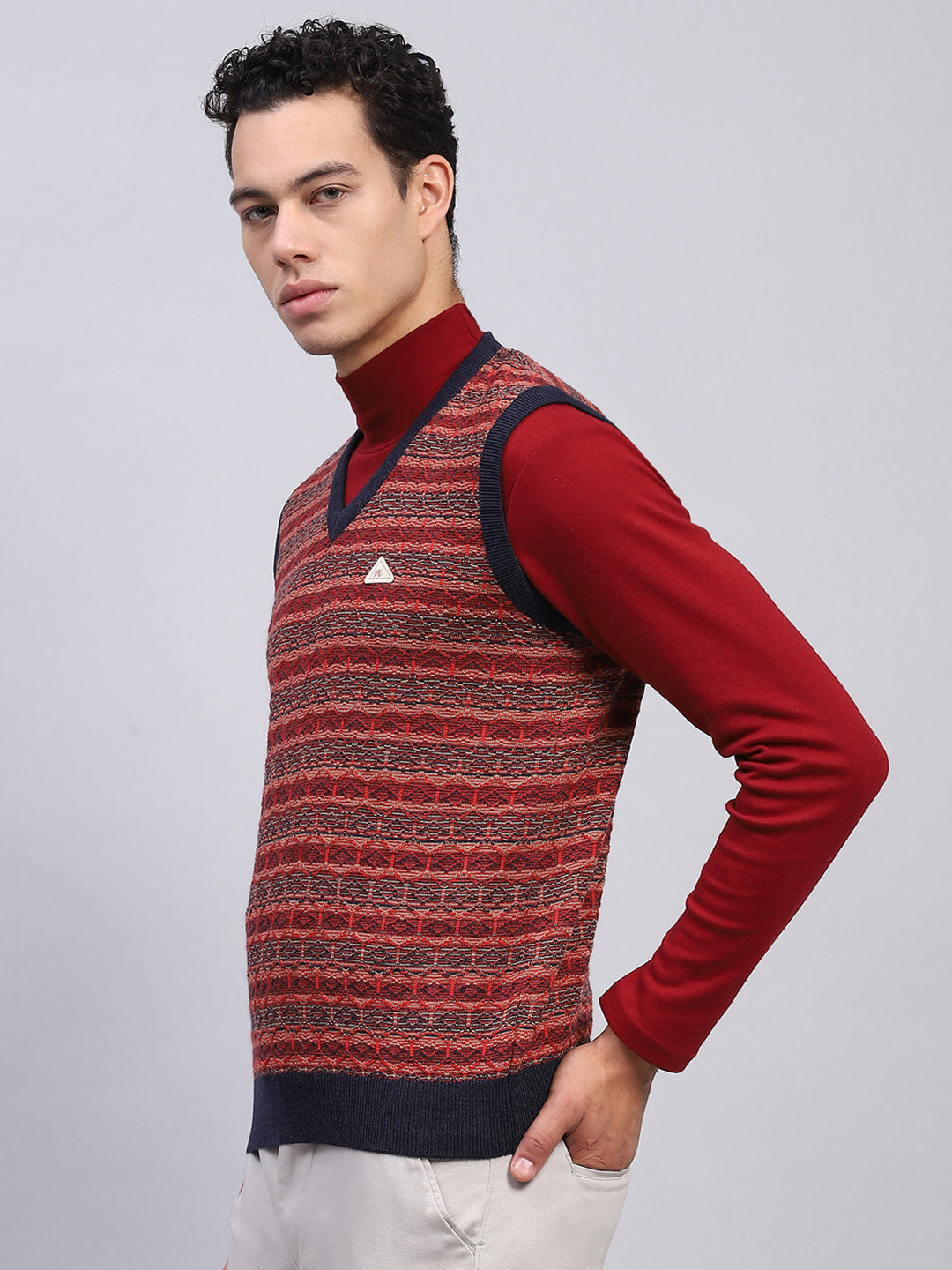 Men Maroon Stripe V Neck Sleeveless Sweater