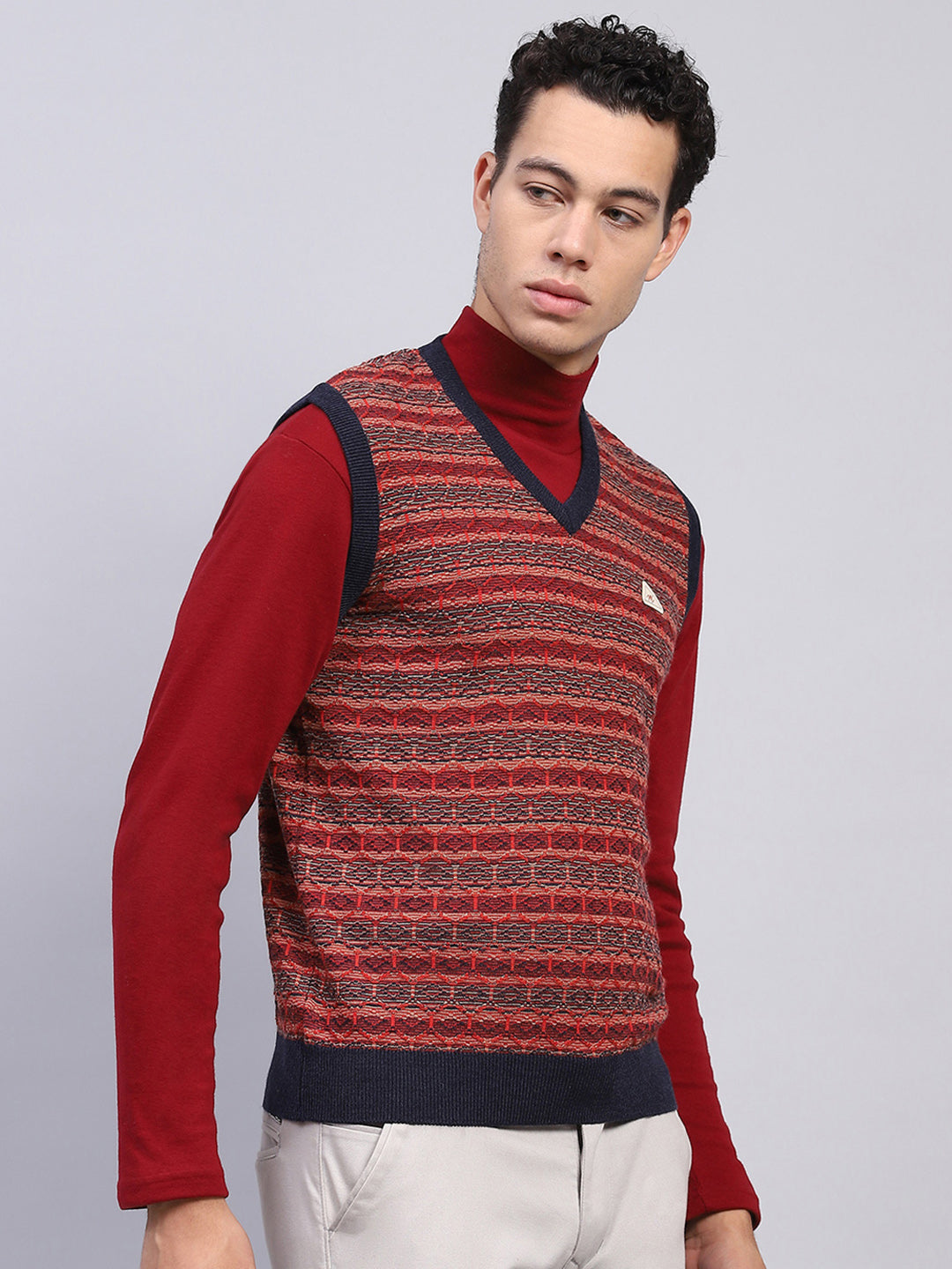 Men Maroon Stripe V Neck Sleeveless Sweater