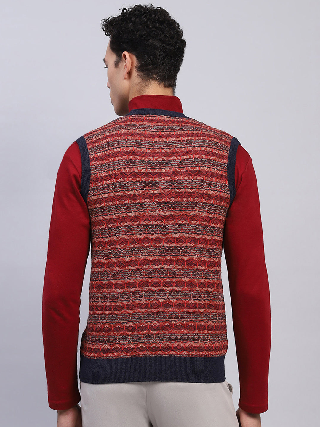 Men Maroon Stripe V Neck Sleeveless Sweater