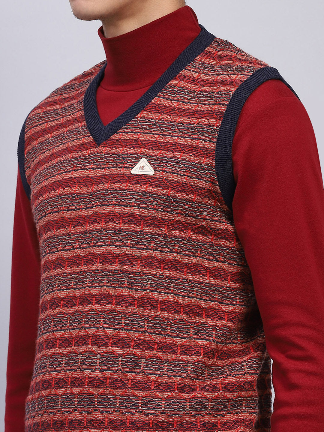 Men Maroon Stripe V Neck Sleeveless Sweater