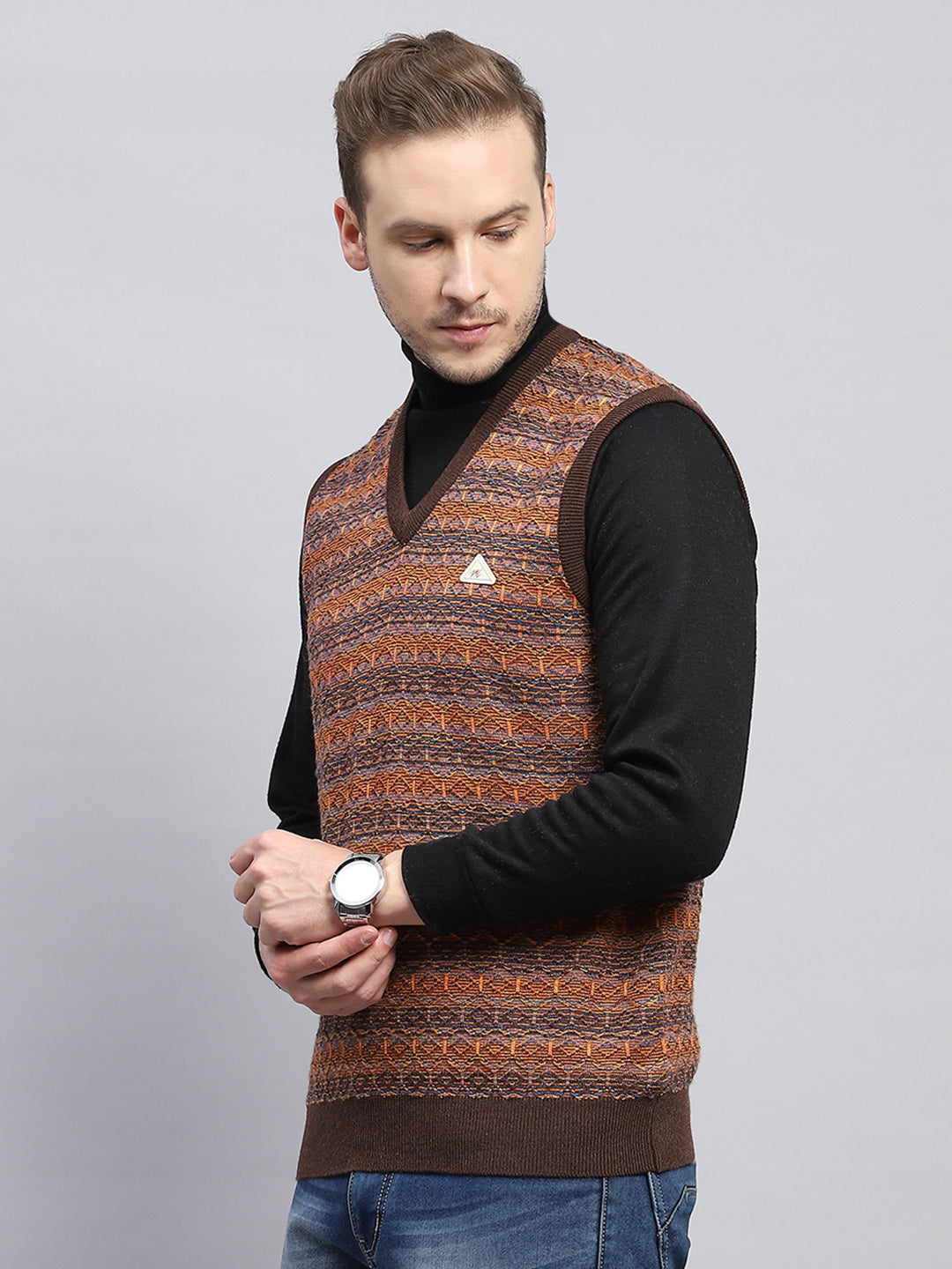 Men Brown Self Design V Neck Sleeveless Sweater