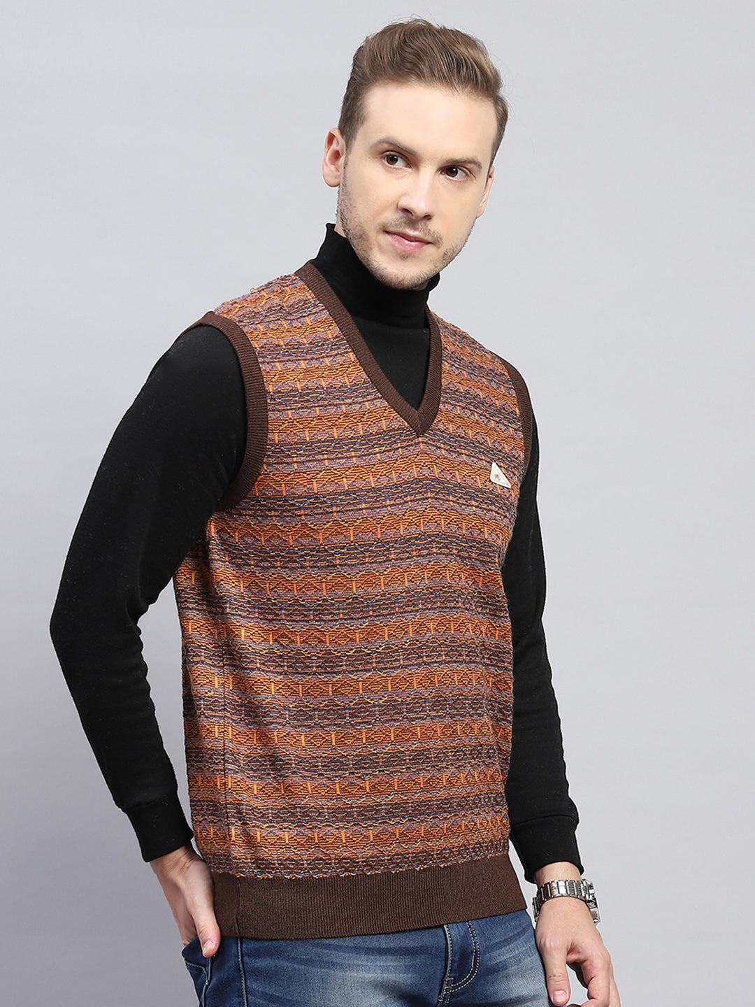 Men Brown Self Design V Neck Sleeveless Sweater