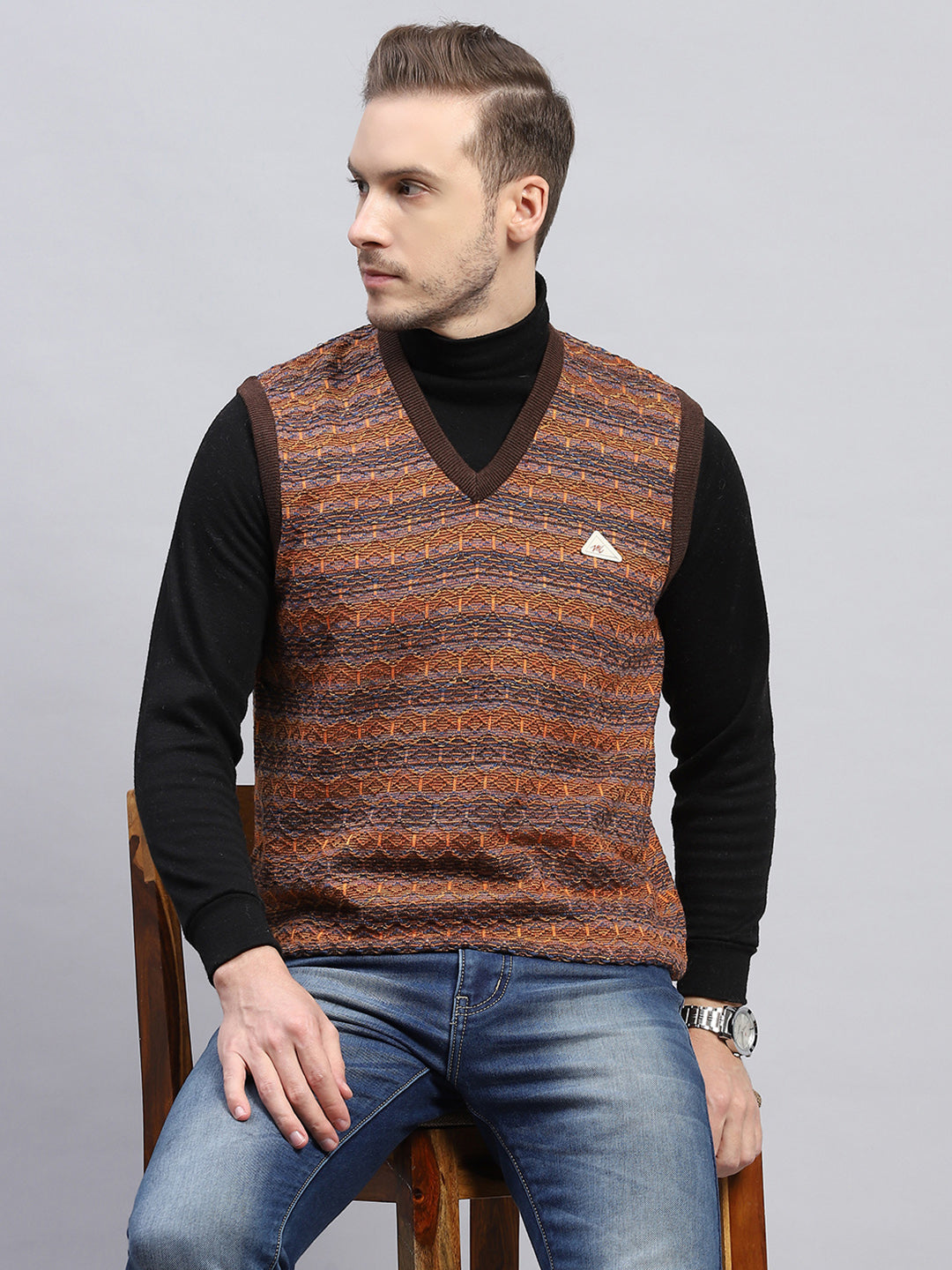 Men Brown Self Design V Neck Sleeveless Sweater