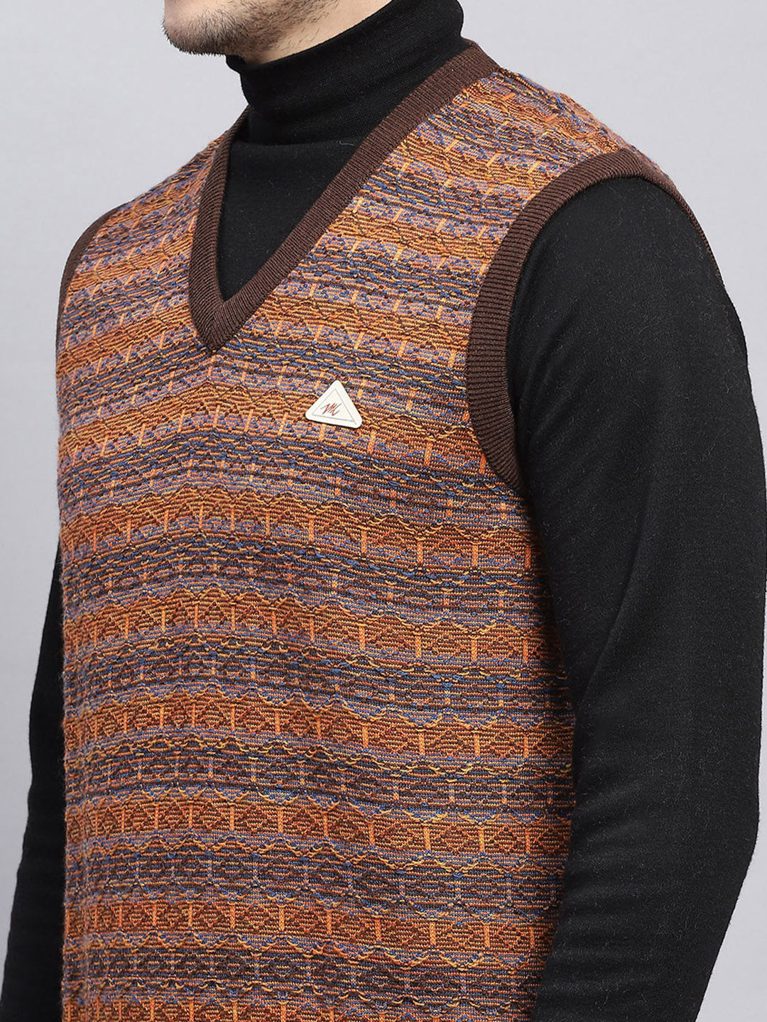 Men Brown Self Design V Neck Sleeveless Sweater