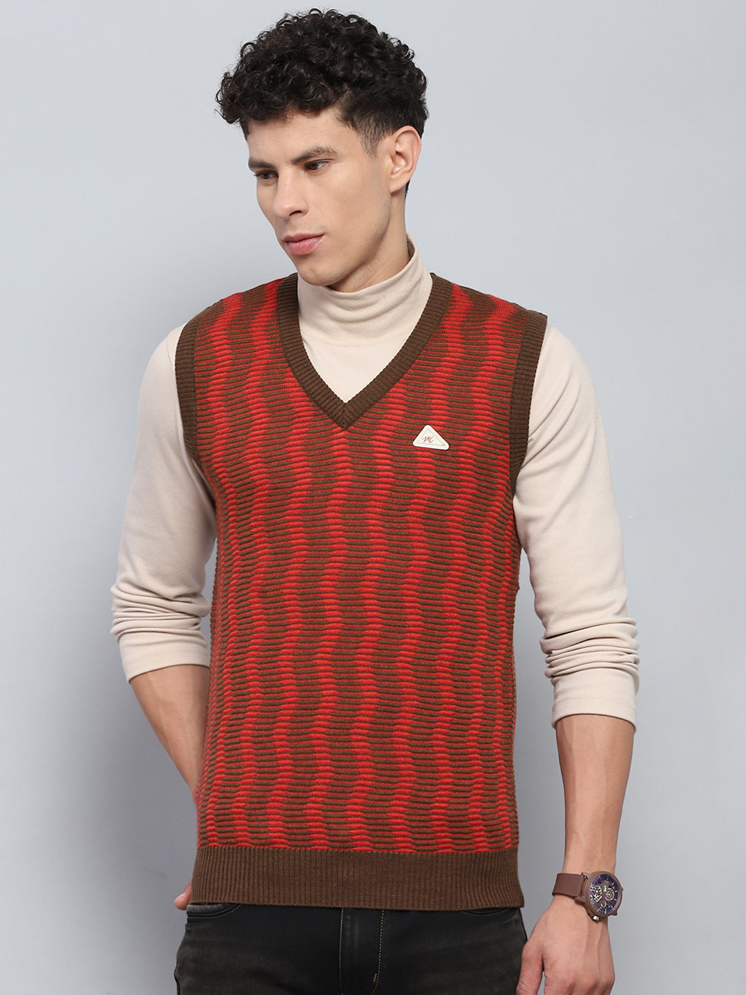 Men Brown Self Design V Neck Sleeveless Sweater