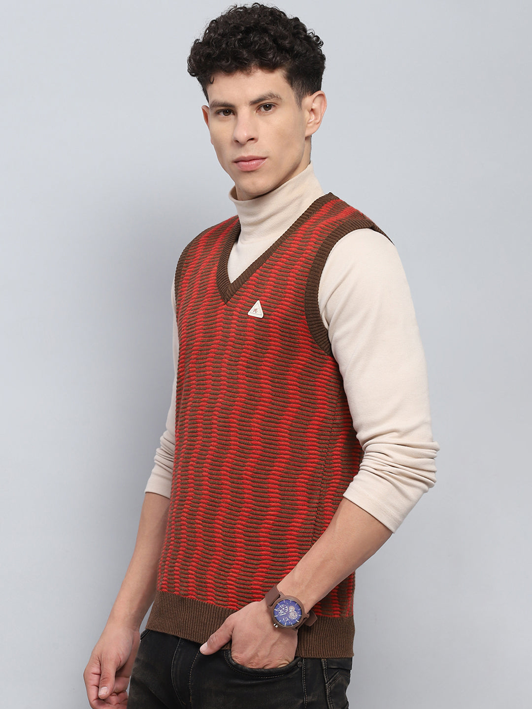 Men Brown Self Design V Neck Sleeveless Sweater