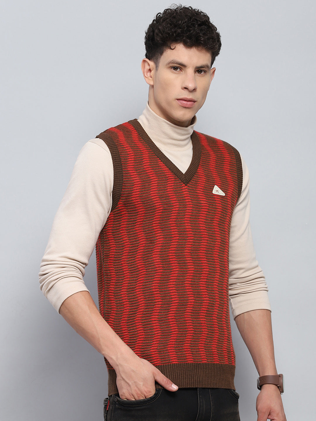 Men Brown Self Design V Neck Sleeveless Sweater