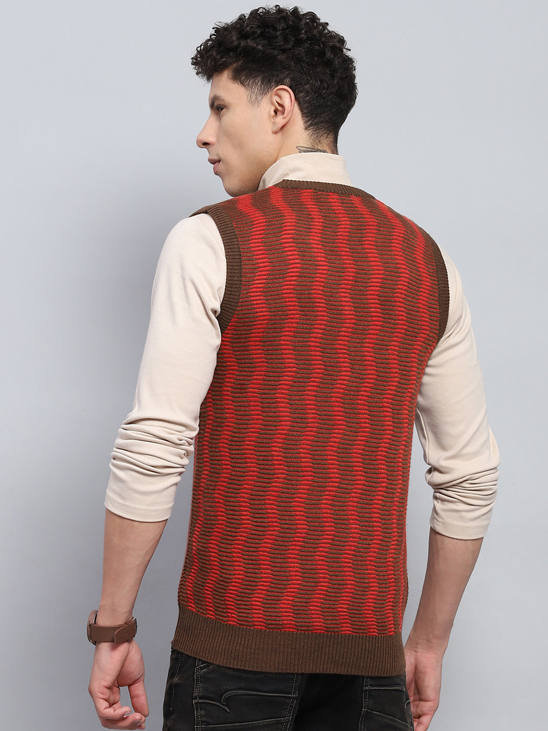 Men Brown Self Design V Neck Sleeveless Sweater