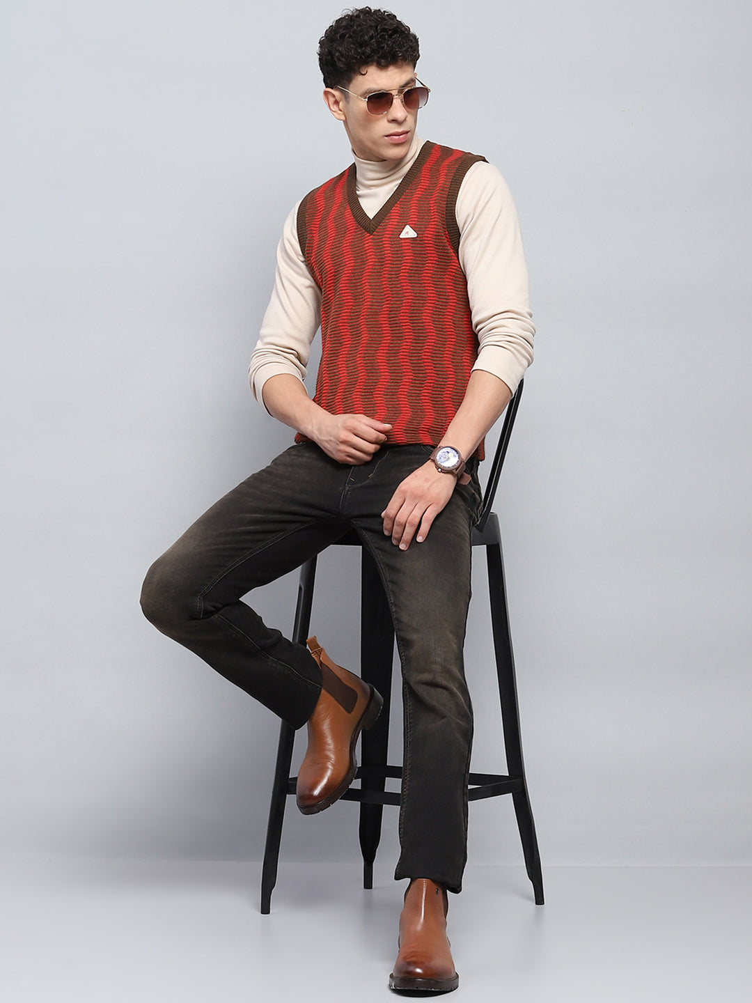 Men Brown Self Design V Neck Sleeveless Sweater