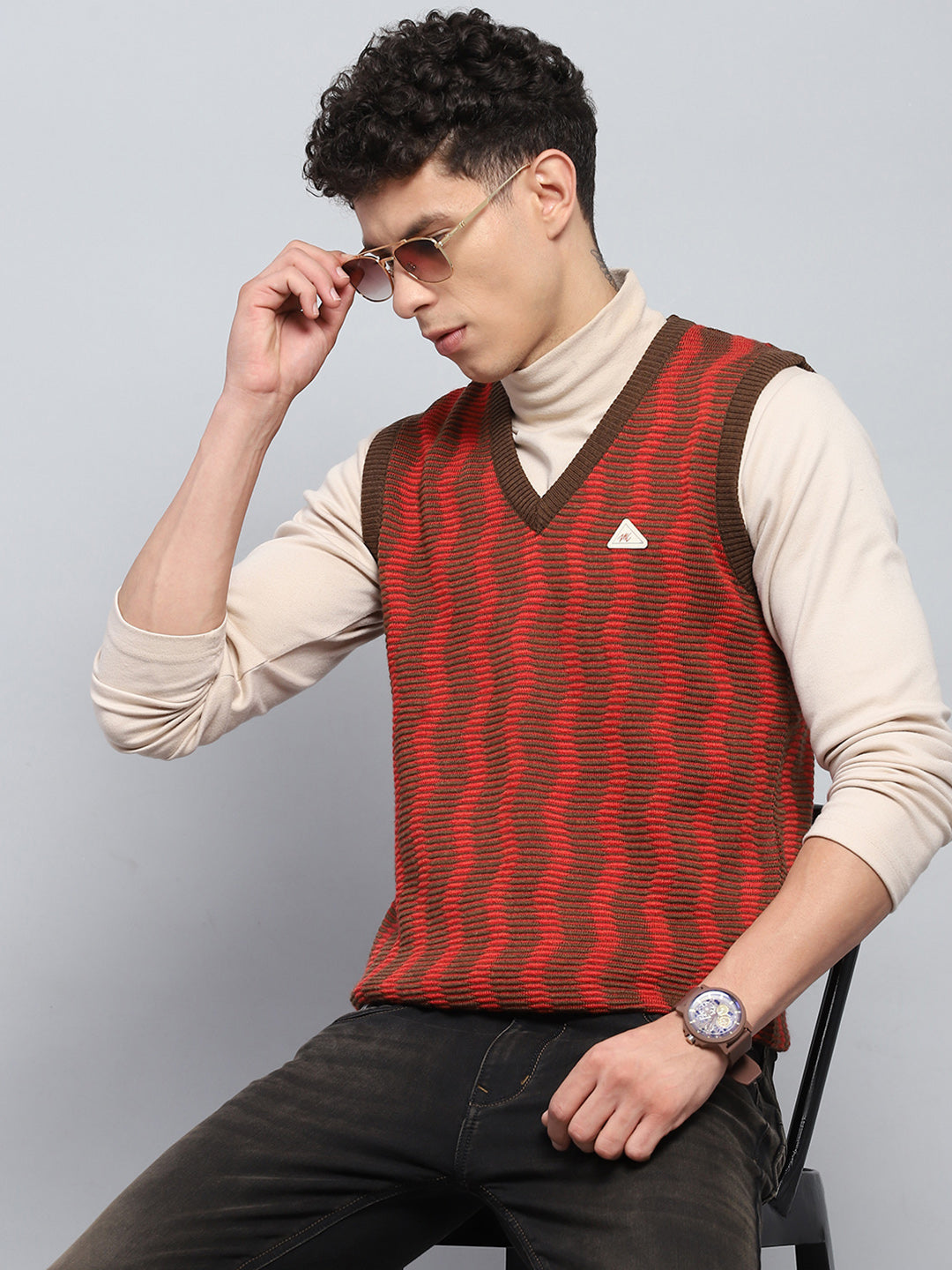 Men Brown Self Design V Neck Sleeveless Sweater