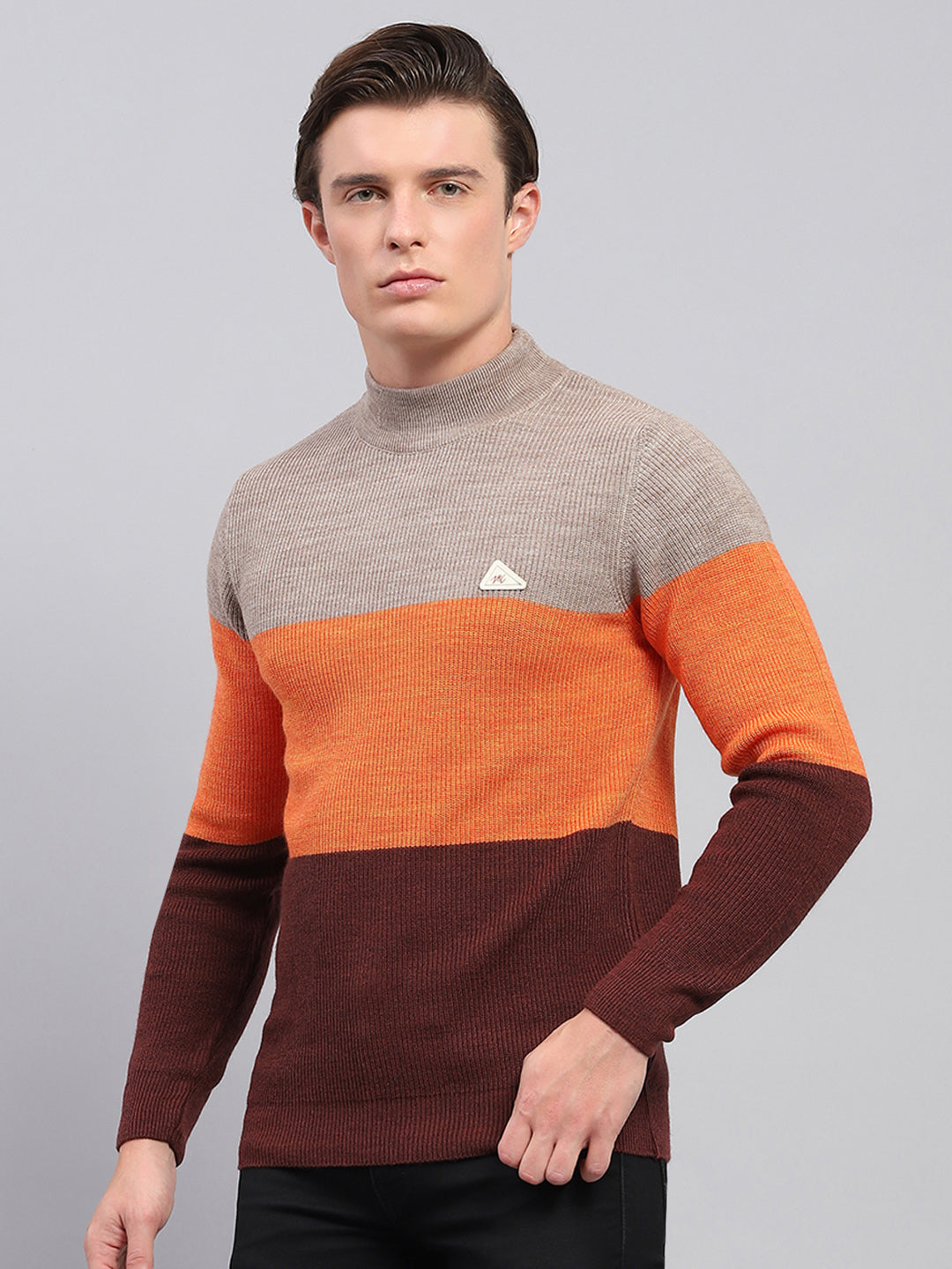 Men Beige & Brown Stripe High Neck Full Sleeve Pullover