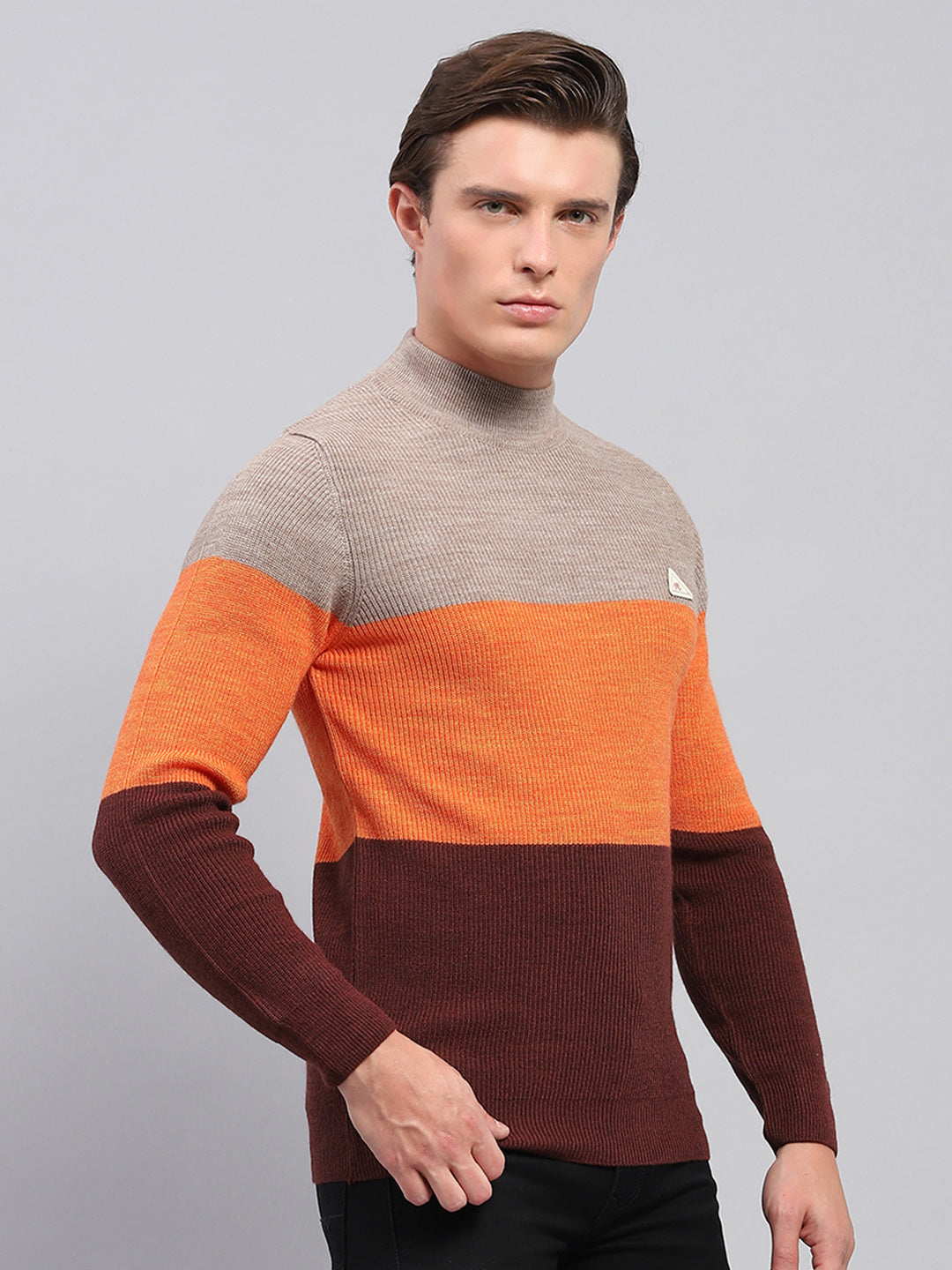 Men Beige & Brown Stripe High Neck Full Sleeve Pullover