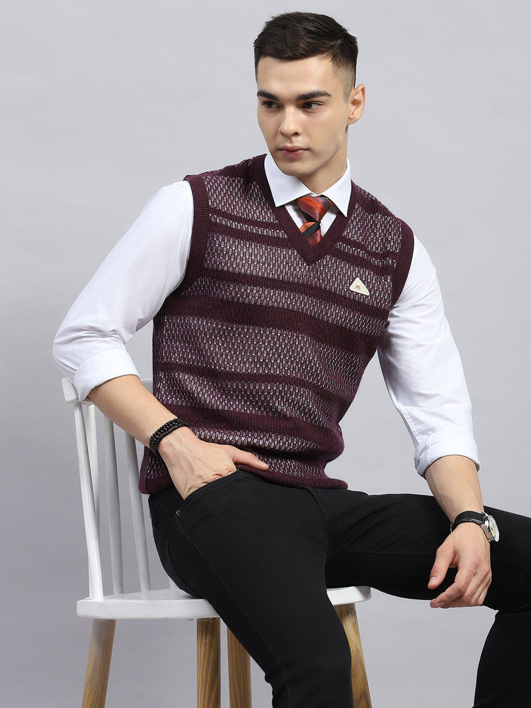 Men Maroon Self Design V Neck Sleeveless Sweater