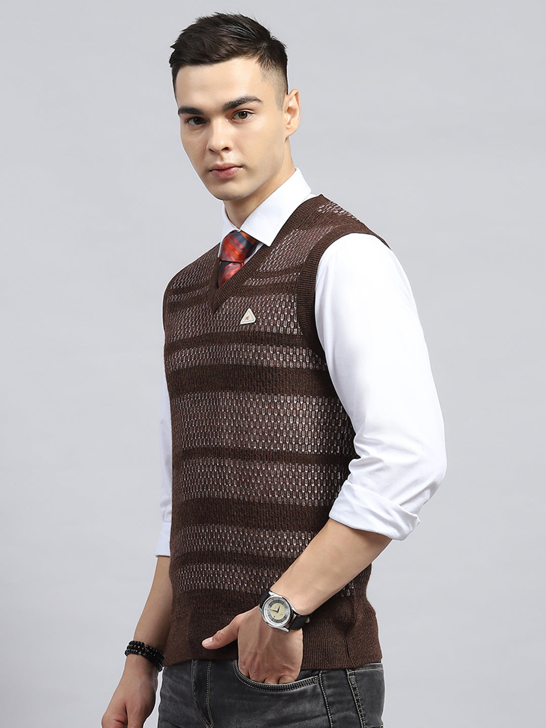 Men Brown Self Design V Neck Sleeveless Sweater