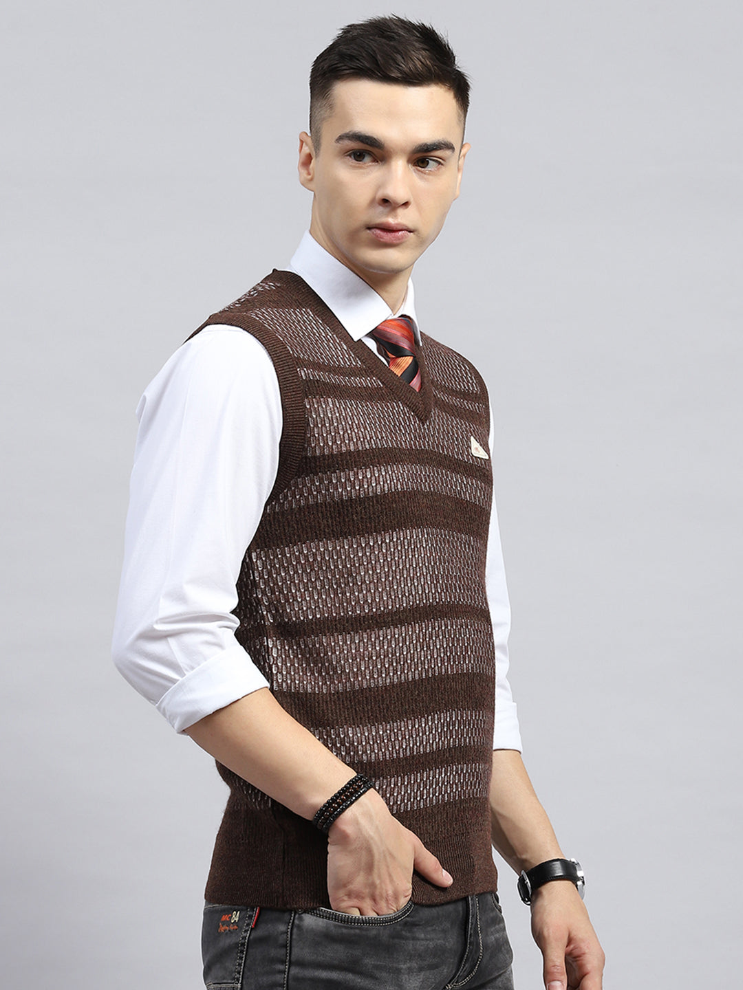 Men Brown Self Design V Neck Sleeveless Sweater