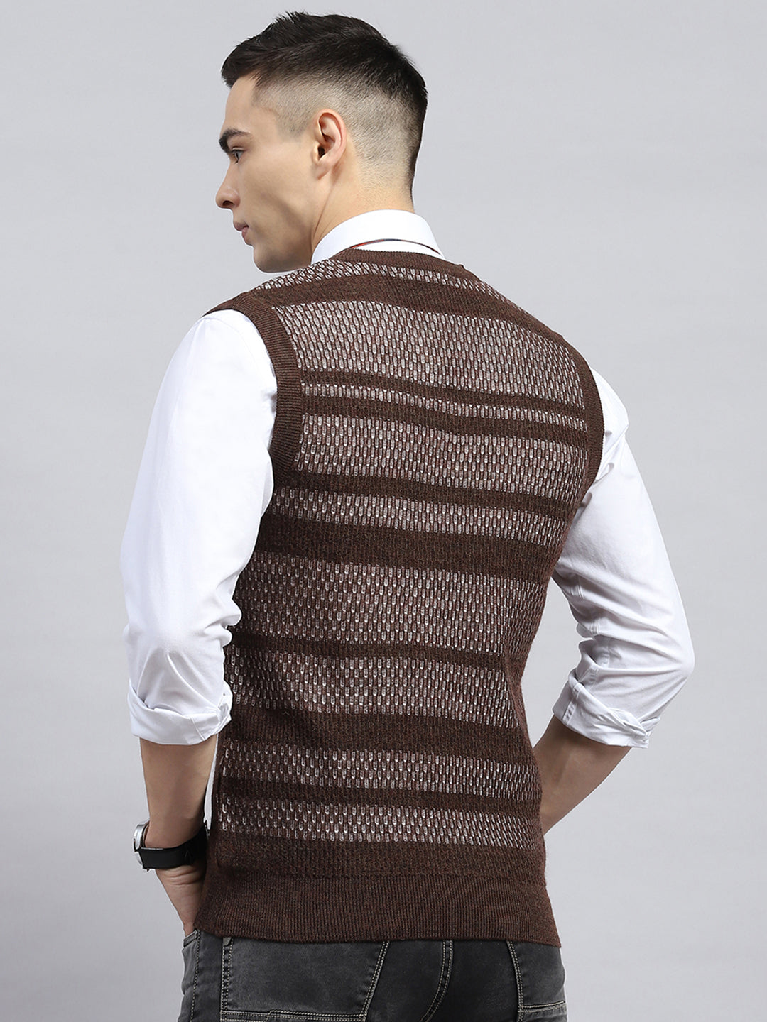 Men Brown Self Design V Neck Sleeveless Sweater