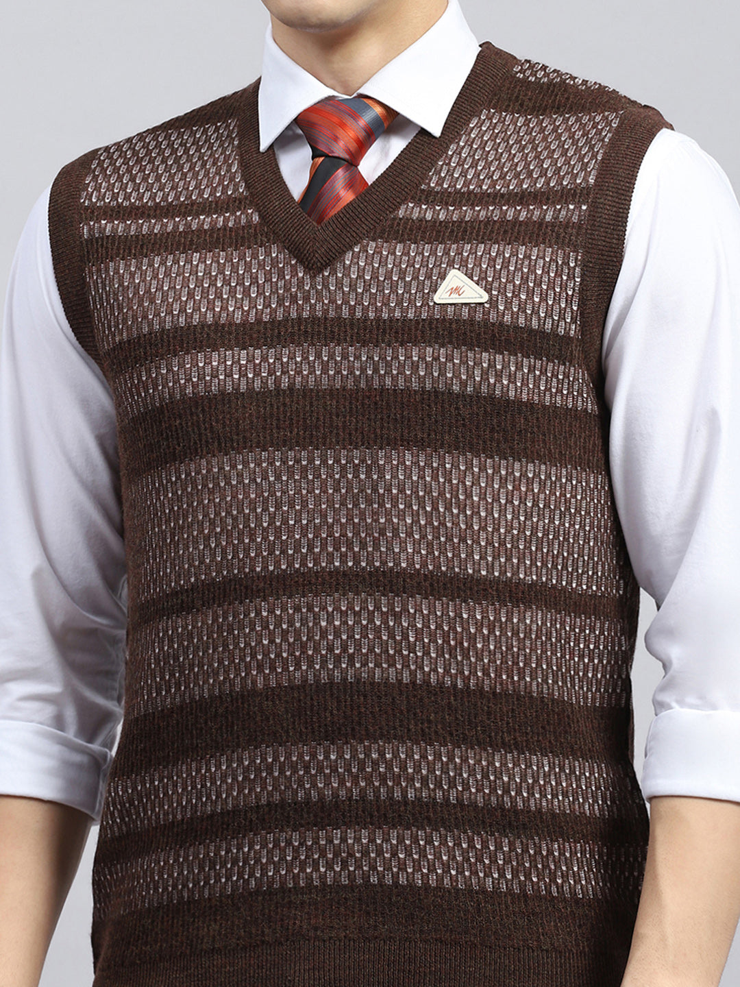 Men Brown Self Design V Neck Sleeveless Sweater