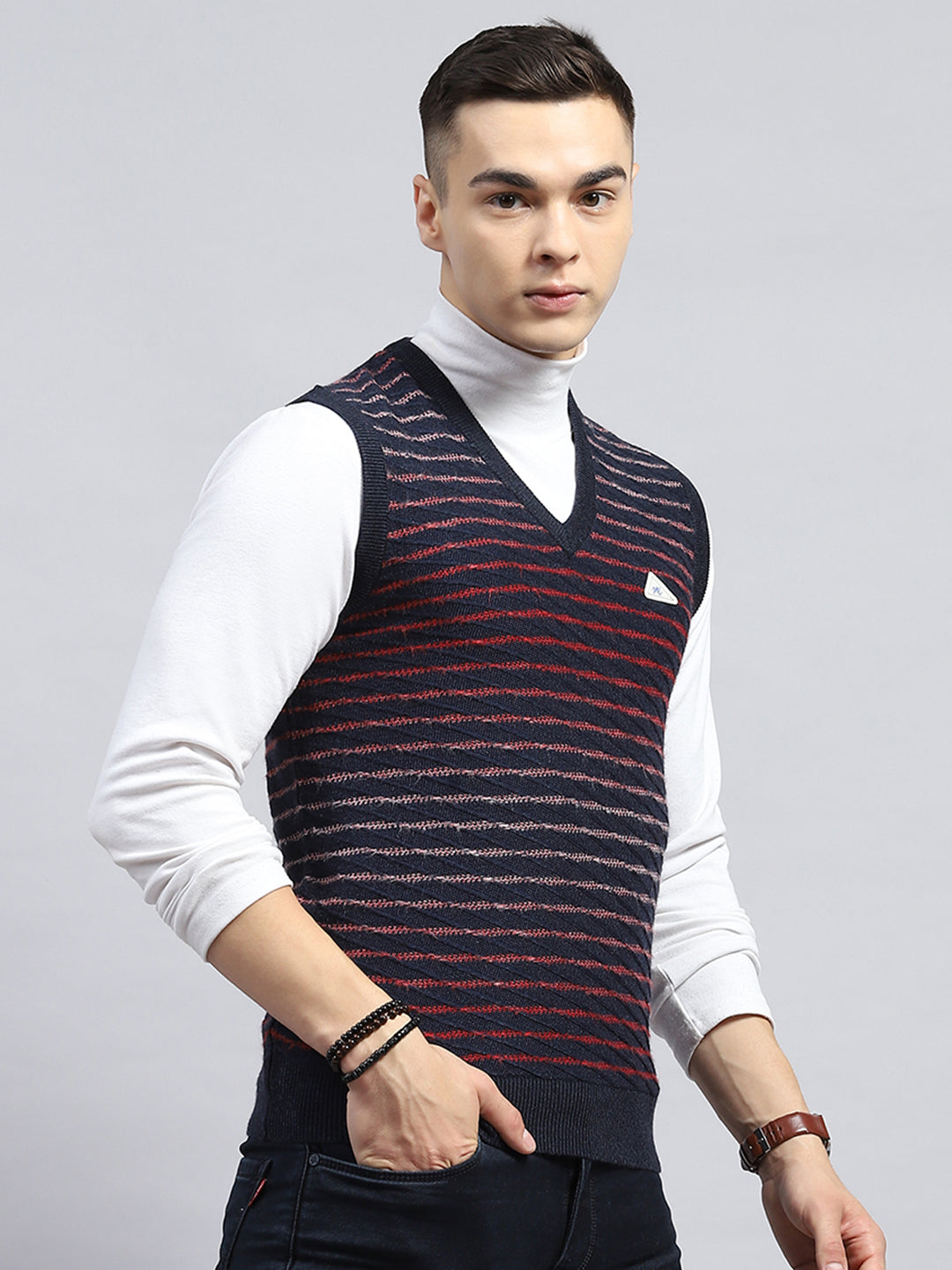 Men Navy Blue Self Design V Neck Sleeveless Sweater