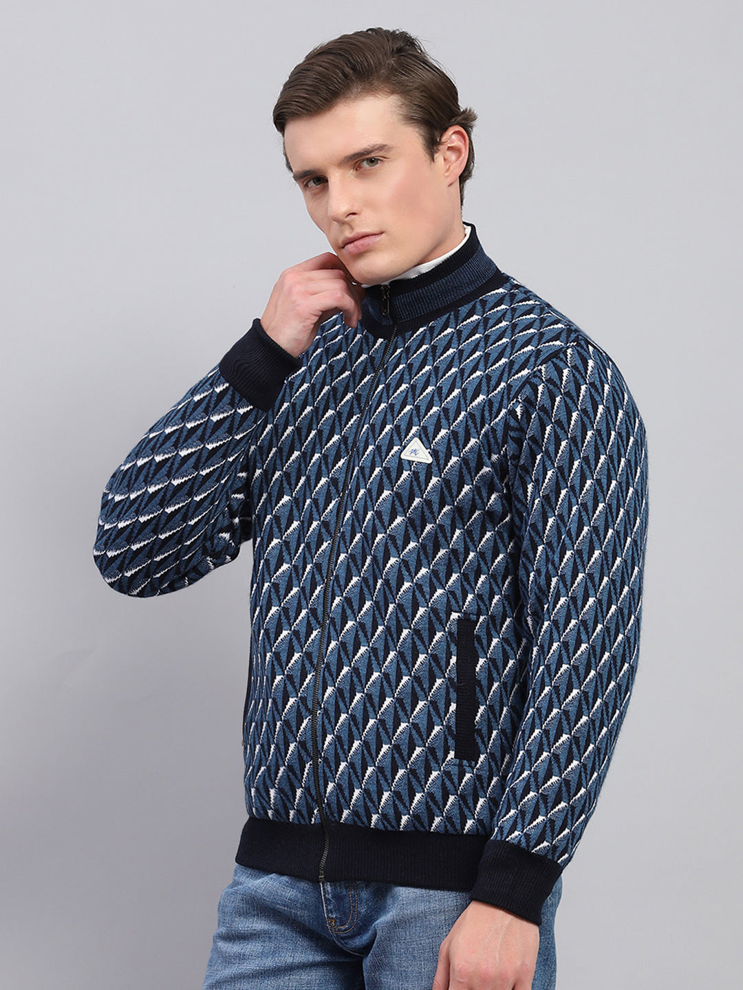 Men Blue Self Design Mock Neck Full Sleeve Jacket