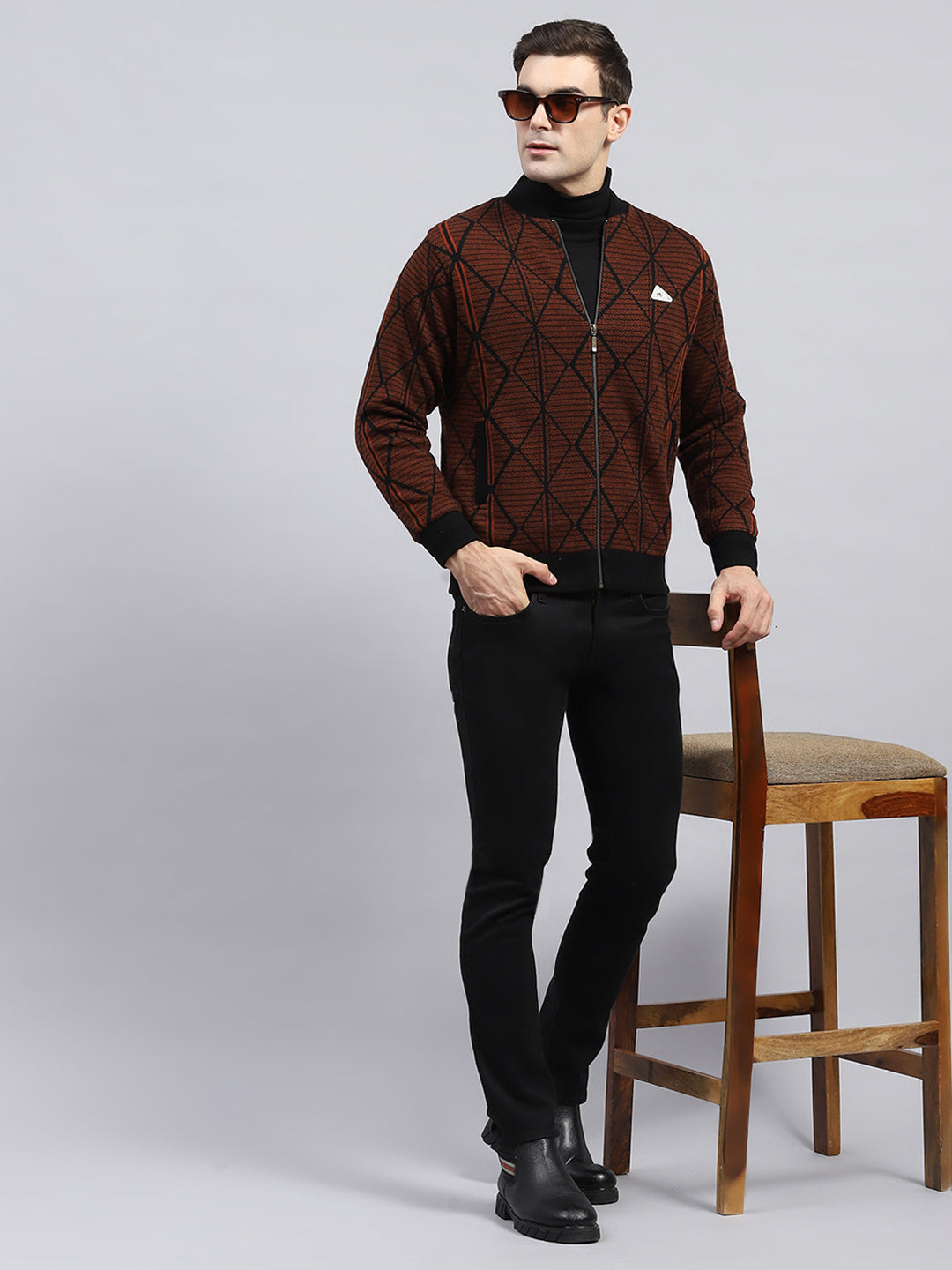 Men Rust Self Design Round Neck Full Sleeve Jacket