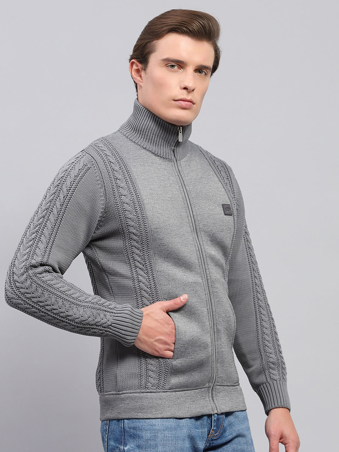 Men Grey Self Design Mock Neck Full Sleeve Pullover