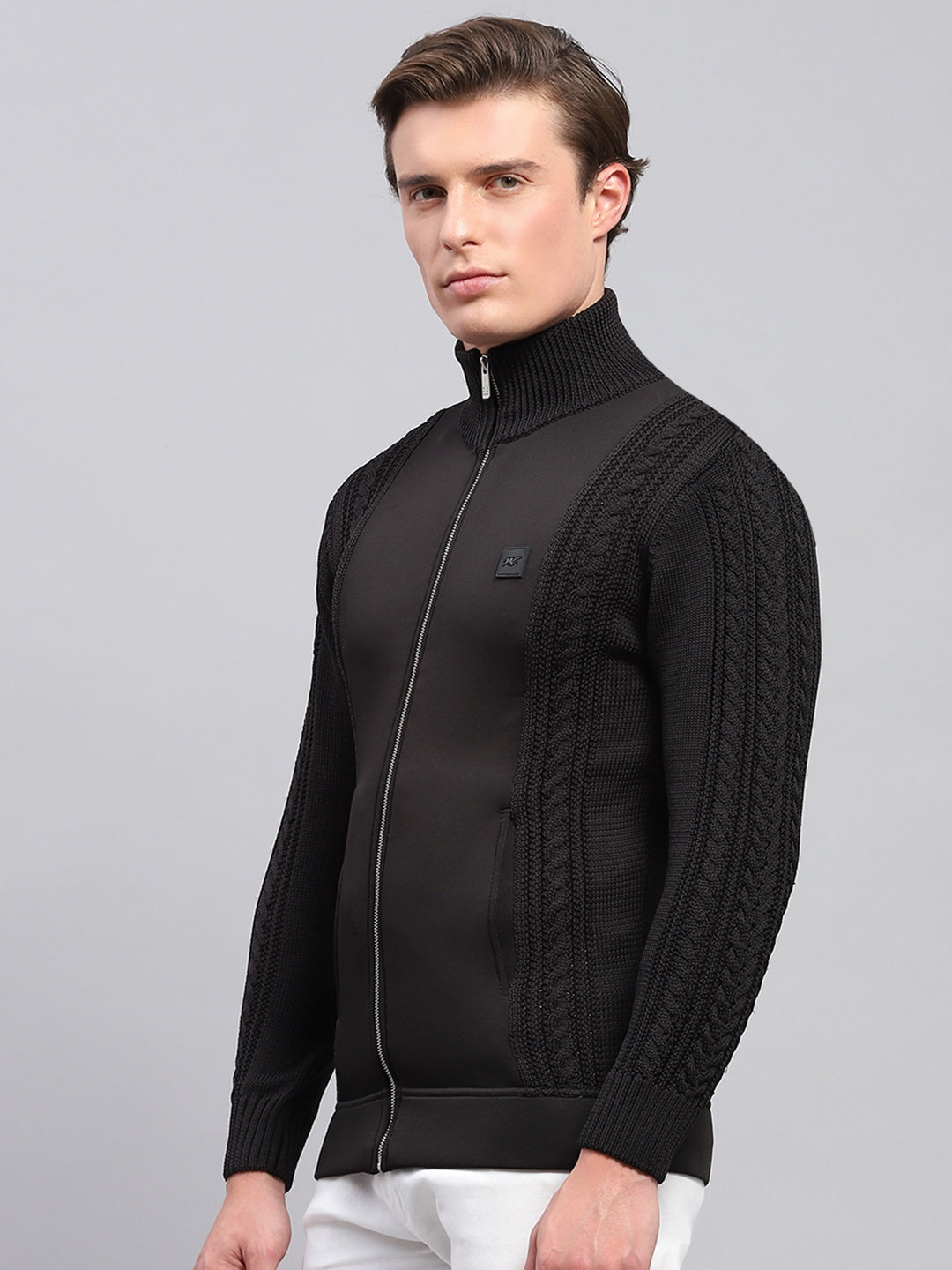 Men Black Self Design Mock Neck Full Sleeve Pullover